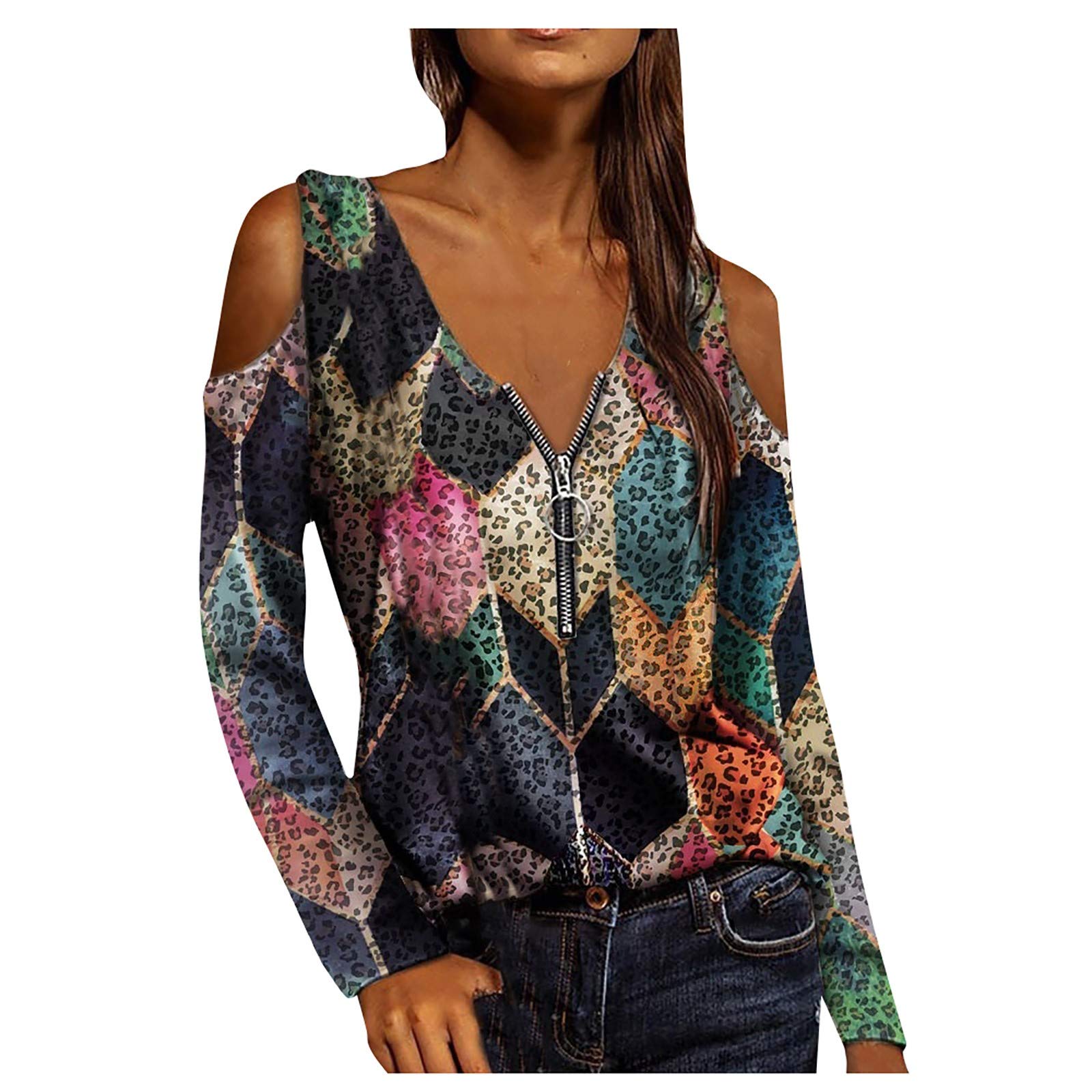 Fashionable Patchwork Women's Long Sleeve Printed Tunic Top with Zipper & Leopard Stitch Design - Casual Wear, Office Outfit, Party Dress