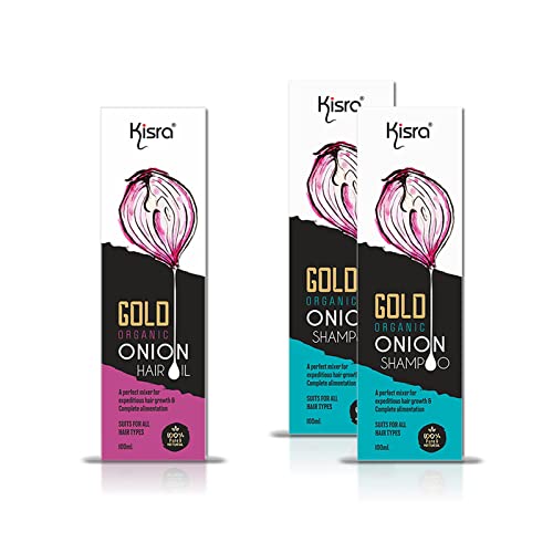 Kisra Gold Organic Onion Hair Oil & Shampoo Set - 100ml Hair Growth Treatment with 2x100ml Shampoo for Damaged Hair - Ultimate Hair Care Kit for Dry, Frizzy Hair & Scalp Nourishment - Perfect for Daily Use & Hair Repair Routine