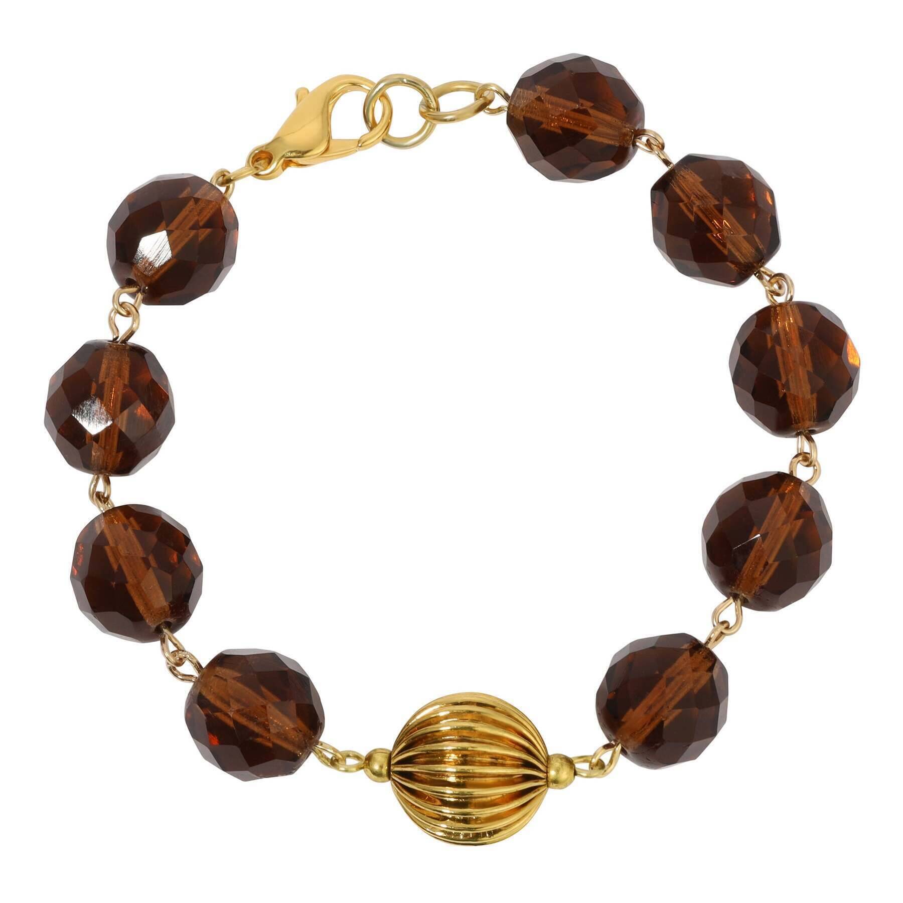 1928 Jewelry Glass Smoke Topaz & Corrugated Bead Link Bracelet - Vintage Style Dainty Chain Bracelet for Women, Perfect for Parties, Weddings & Everyday Wear