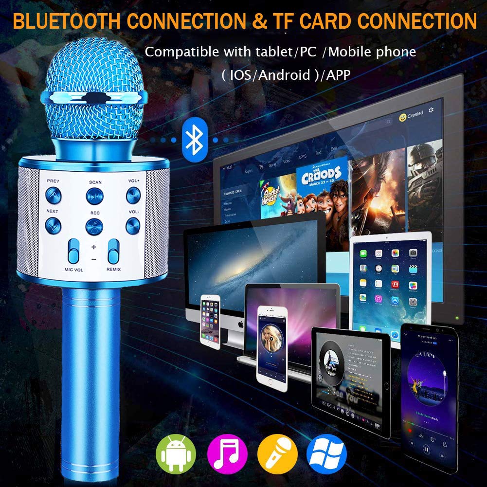 Wireless Bluetooth Karaoke Microphone with Echo Function, Portable Speaker for Kids Singing, Compatible with Android/iOS Smartphones (Blue) - Perfect for Home Parties, Travel Entertainment & Singing Practice