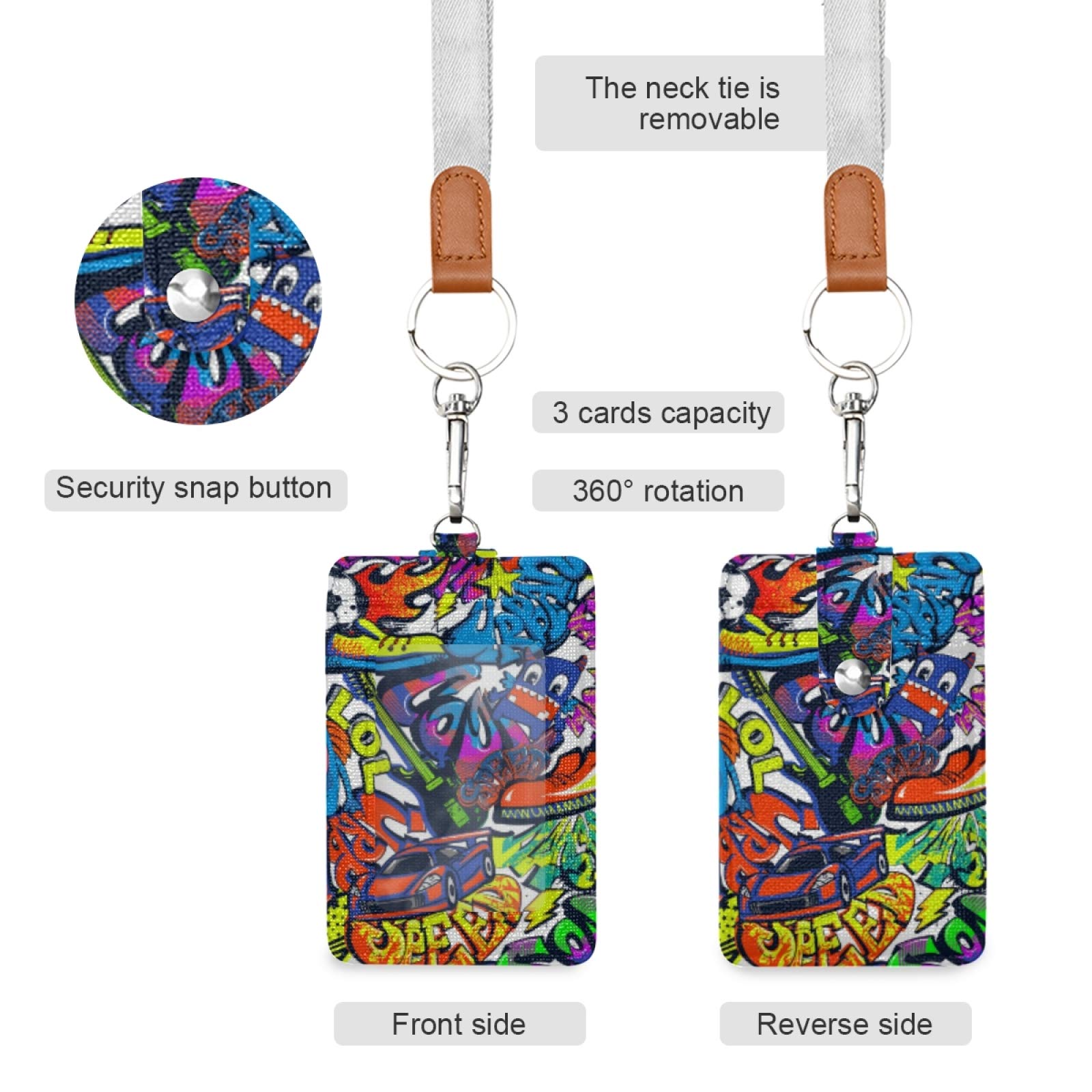 Abstract Grunge Graffiti Pattern Vertical Leather ID Badge Holder with Detachable Neck Lanyard - 1 Clear Plastic Window & 2 Card Slots for Office, School & Events - Stylish Name Tag Holder for Professionals, Teachers & Students