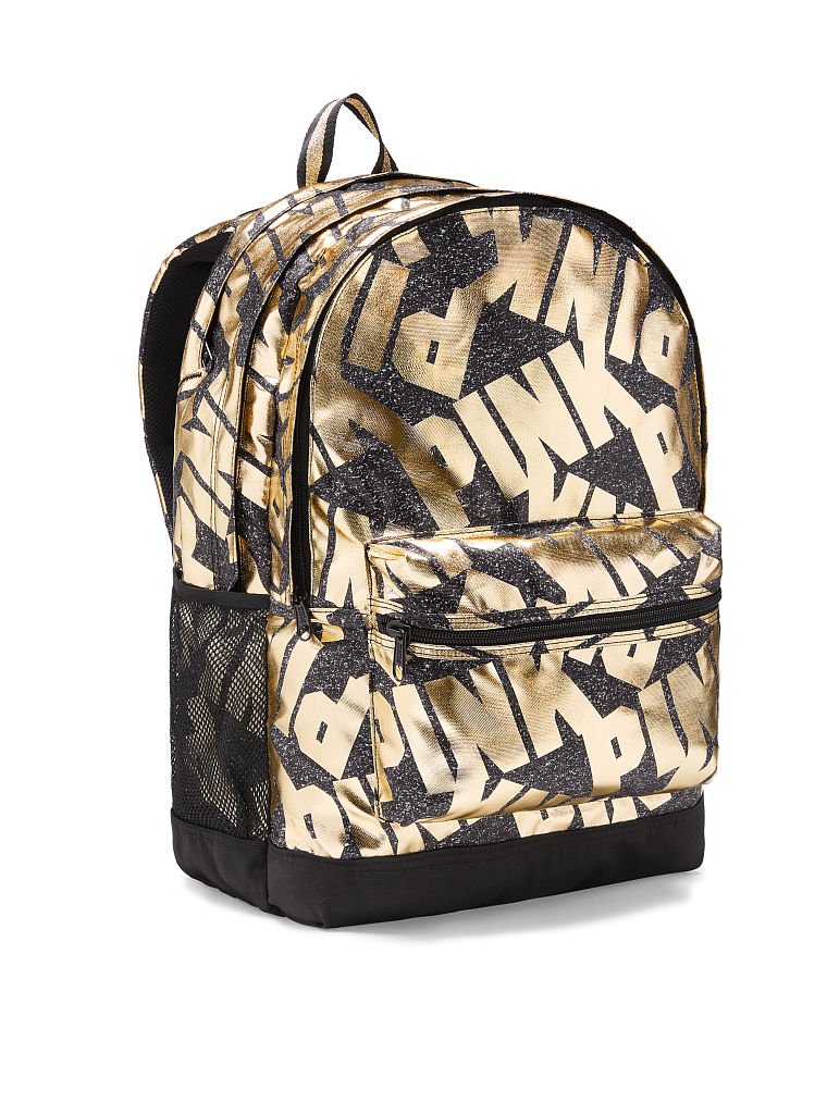 Victoria's Secret PINK Campus Backpack - Bling Black with Gold Foil Zipper, Stylish School Bag for College Students & Teen Girls | Perfect for Class, Travel & Everyday Use
