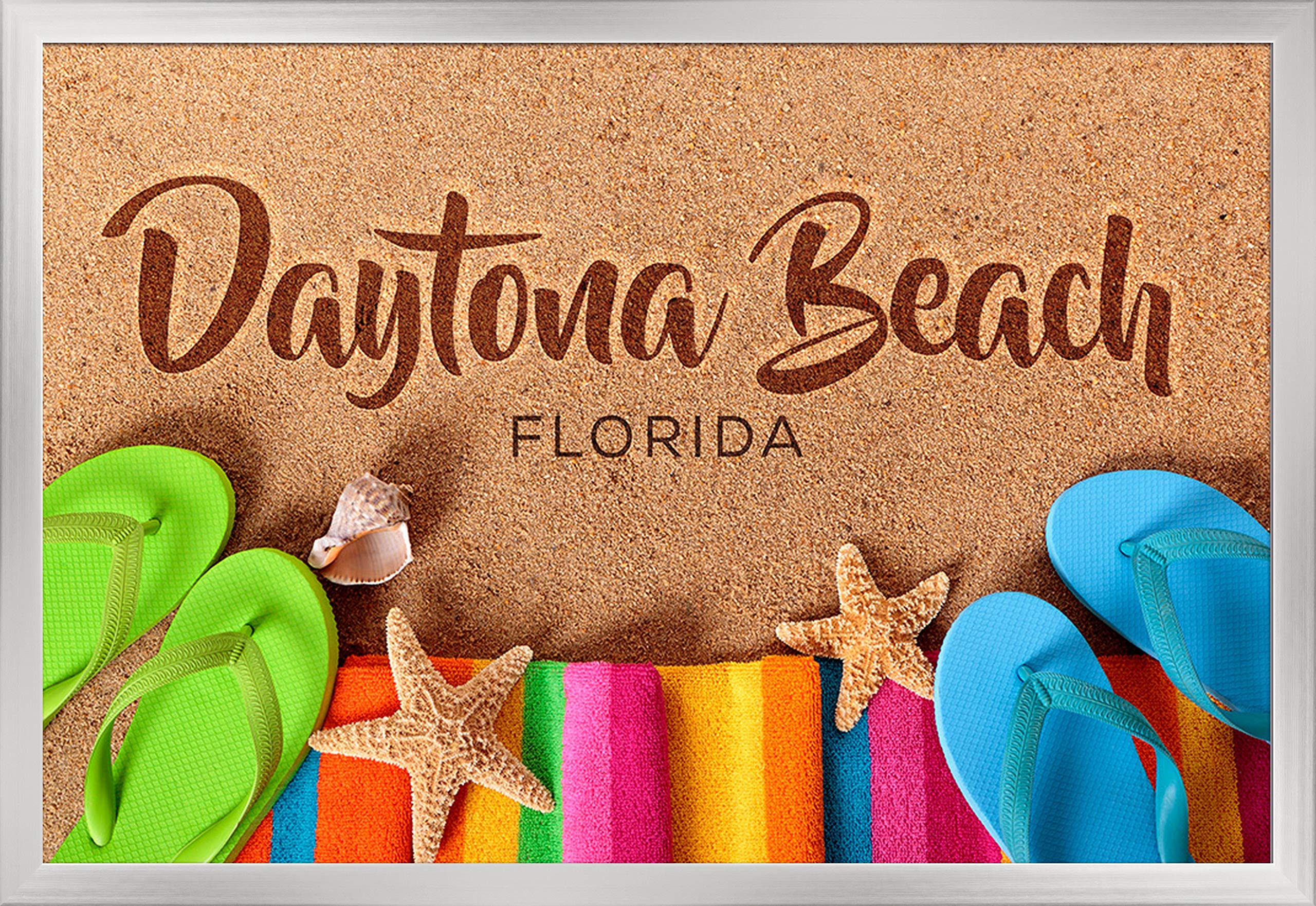 Florida Daytona Beach Flip Flops on Shore 36x24 Giclee Art Print - Silver Wood Gallery Framed Wall Decor for Living Room, Bedroom & Office
