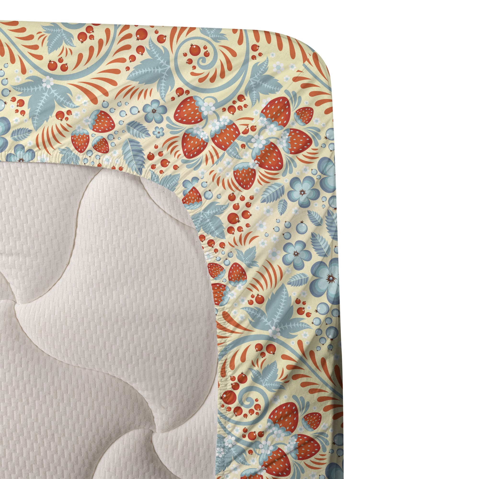 Ambesonne Floral Bed Sheet Set 4-Piece - Traditional Khokhloma Style Flowers & Strawberries Design - King Size Fitted & Flat Sheets with Pillowcases - Cream, Pale Teal & Vermilion - Perfect for Master Bedroom, Guest Room & Vacation Homes