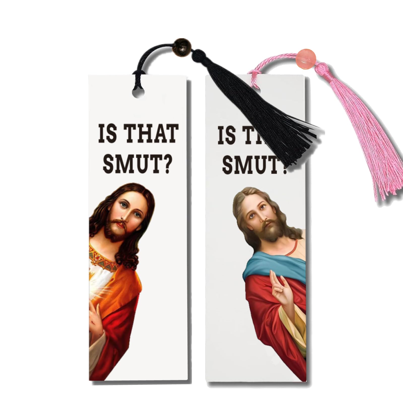 2 Pack Funny Peeking Jesus Bookmark with Hilarious Text & Tassels - Humorous Gifts for Book Lovers - Pink & Black Bookmarks for Bible Study, Reading Gifts & Christian Humor