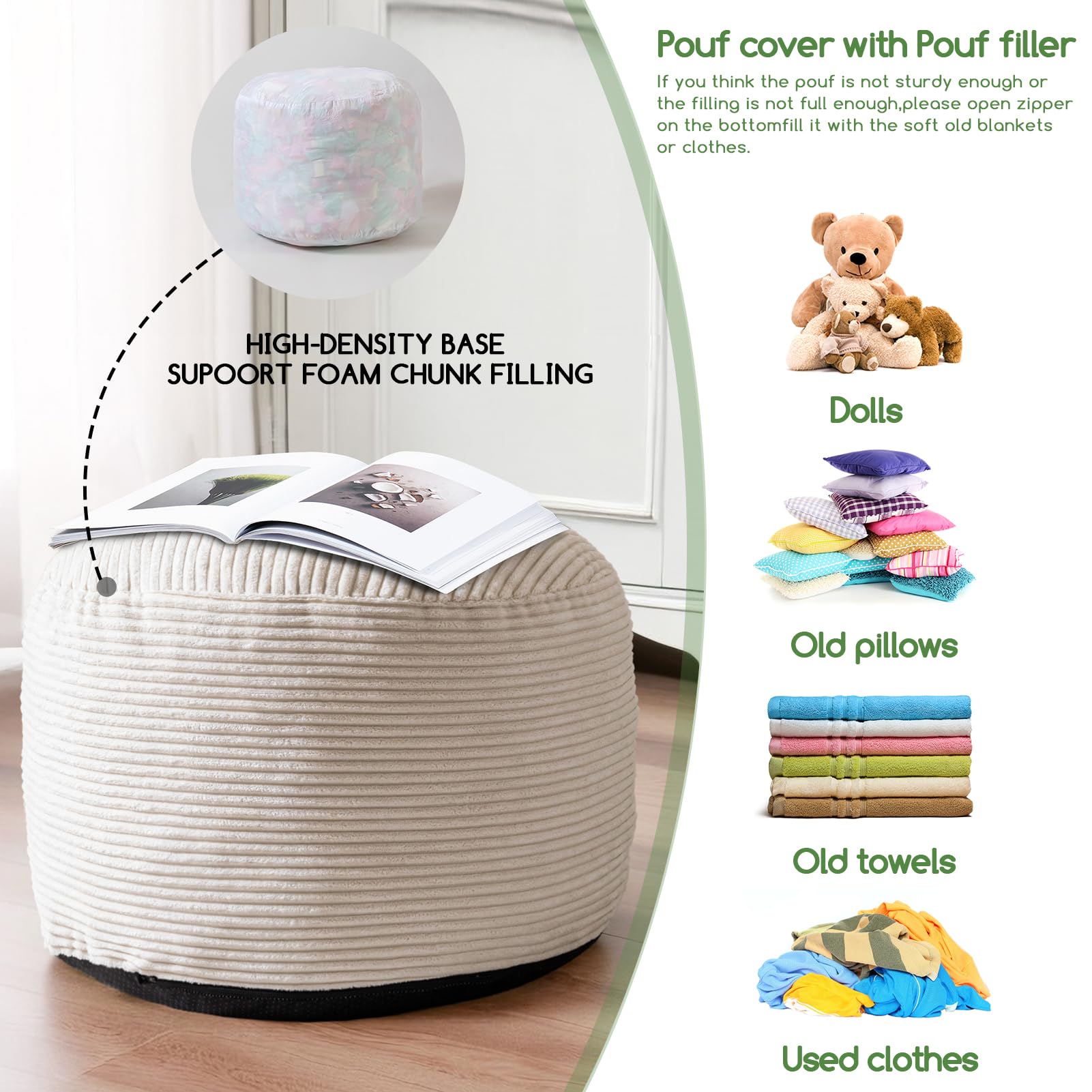MAXYOYO Round Stuffed Pouf Ottoman - Corduroy Foam Filled Footrest, 20 x 15 Inches, Beige - Perfect for Living Room, Bedroom & Nursery Decor