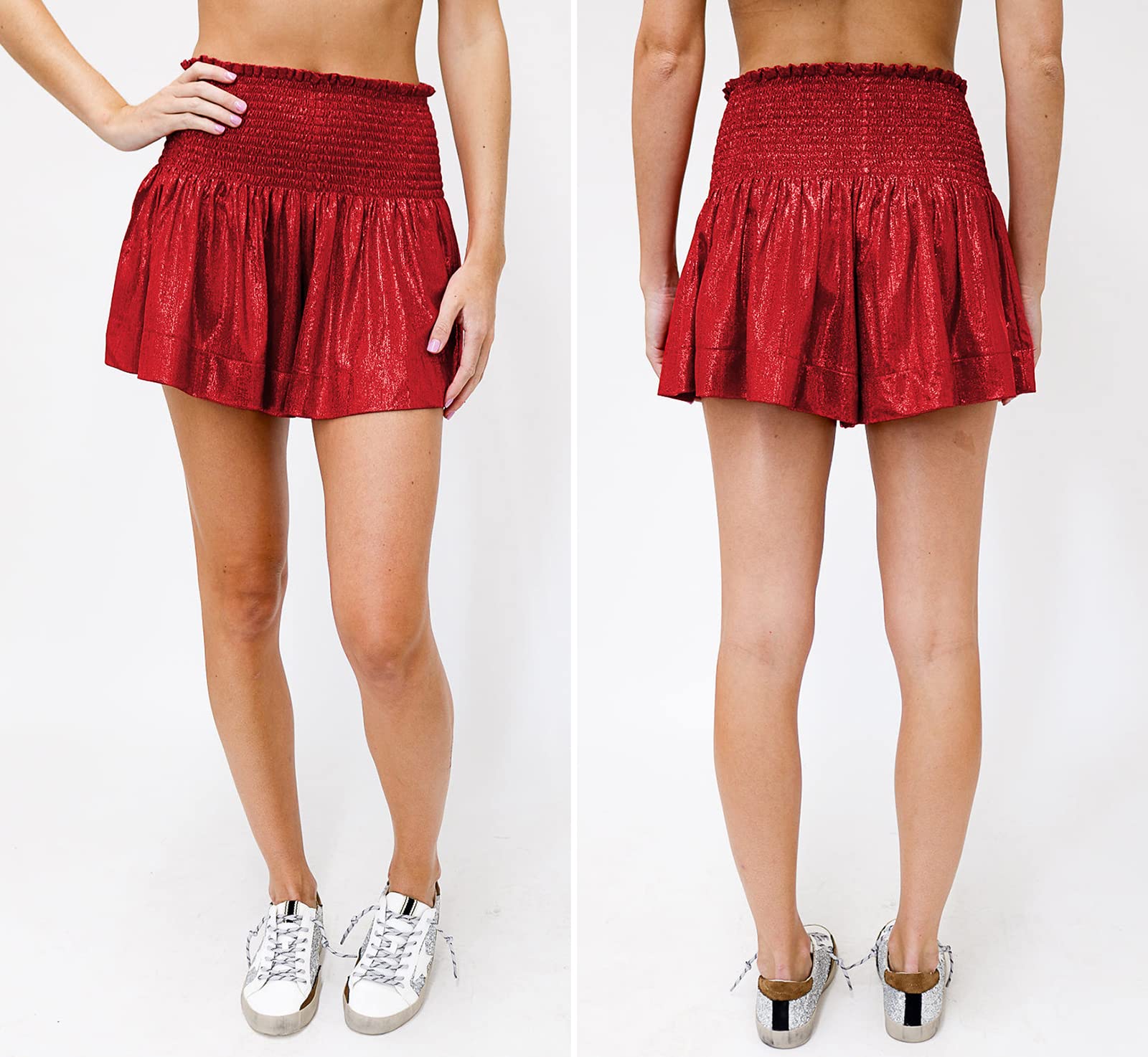 GUOLEZEEV Women's Sequin High Waisted Shorts - Glitter Sparkly Metallic Party Shorts for Women, Smocked Flowy Design, Perfect for Night Out, Club Wear, and Festivals