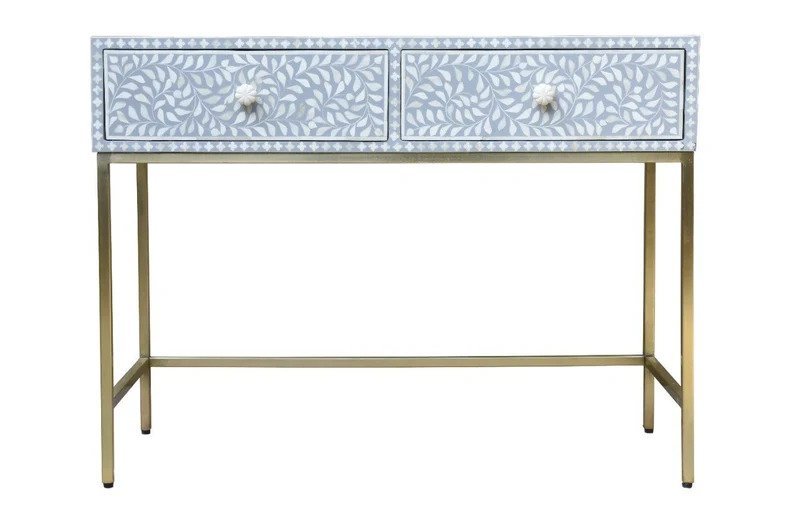Handmade Floral Design Bone Inlay Console Table with Two Drawers in Grey - Elegant Entryway Table for Hallway, Living Room & Foyer Decor | Perfect for Home, Office & Luxury Interior Design