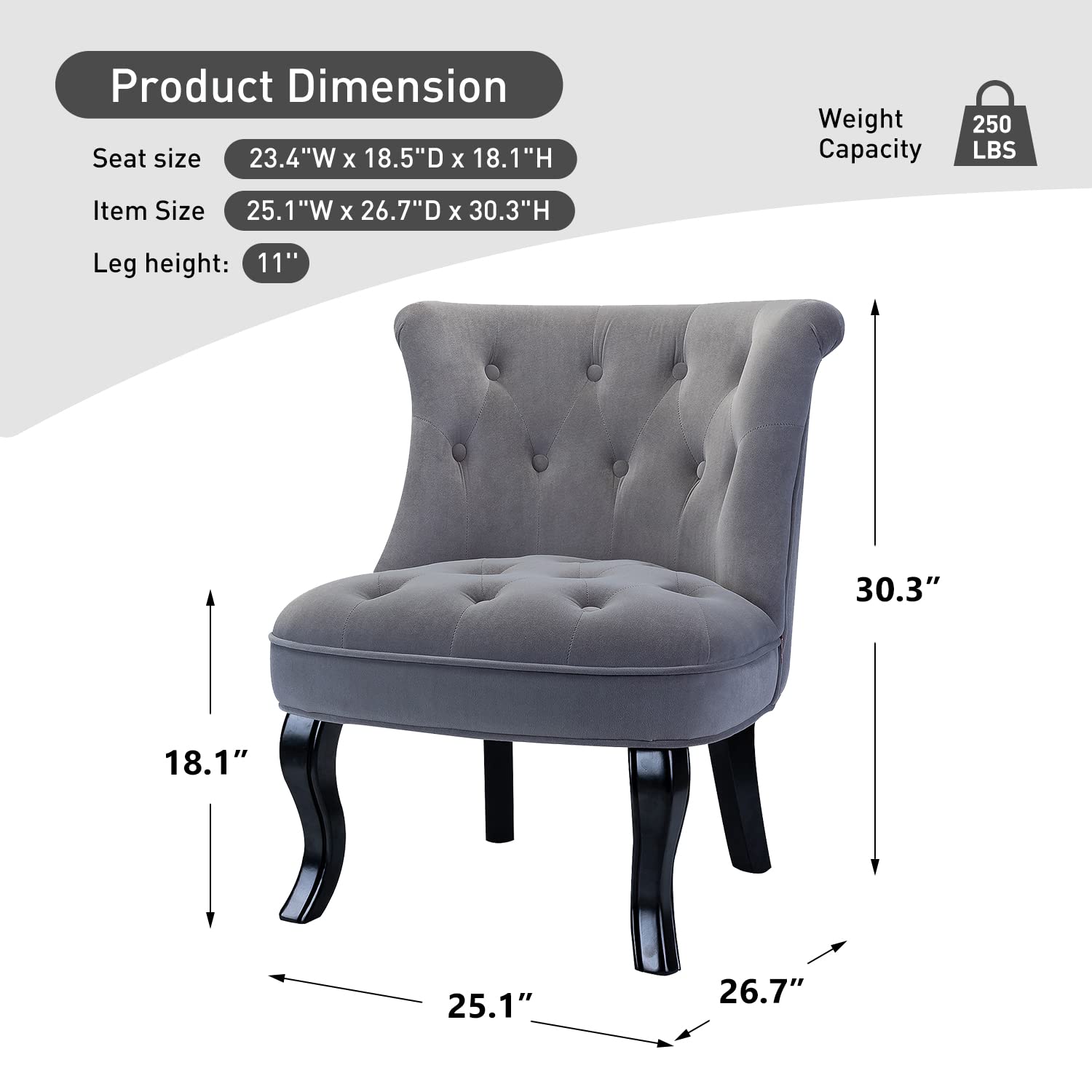 Modern Velvet Armless Accent Chairs Set of 2, Upholstered Fabric Button Tufted Sofa Chairs with Sturdy Wooden Legs - Light Gray Living Room, Bedroom, Office Reception Seating for Reading, Dining & Relaxing