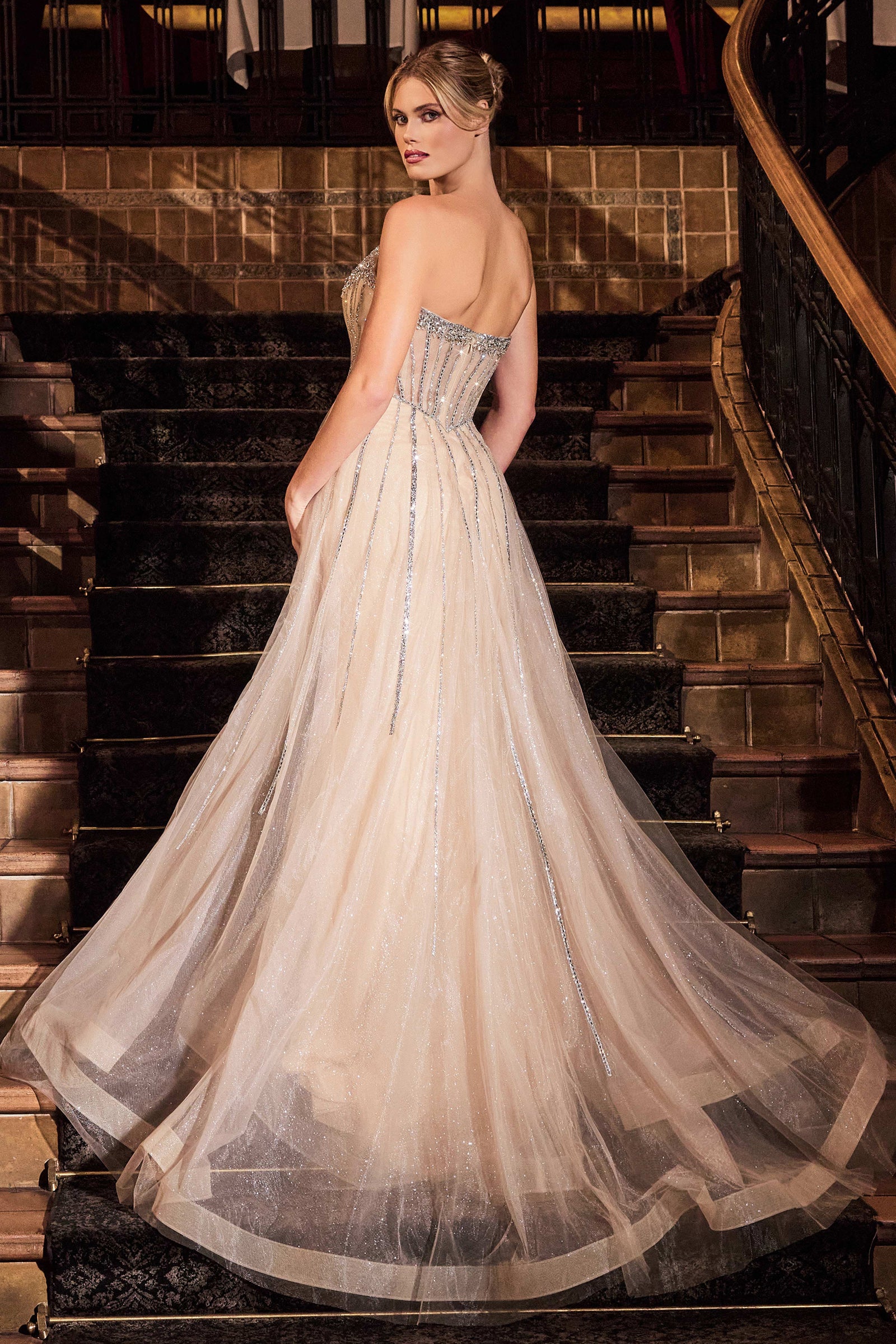 Strapless Crystal Embellished Cadence Gown with Overskirt - Elegant Evening Dress for Prom, Wedding & Formal Events