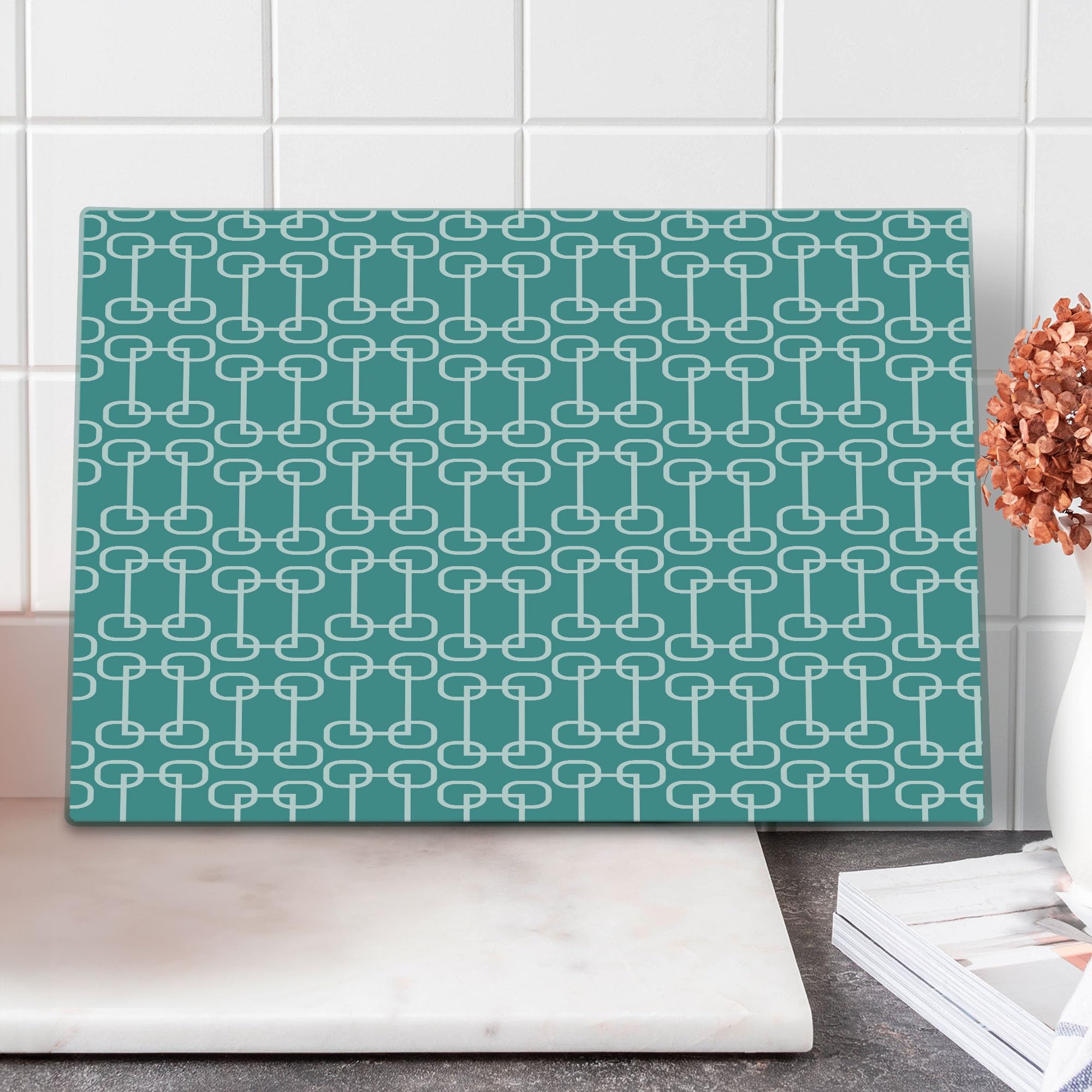 Vintage 60s Inspired Teal and White Tempered Glass Cutting Board - Large Decorative Serving Board with Retro Squares & Circles Tile Design - Perfect for Kitchen Prep, Charcuterie Display & Home Decor
