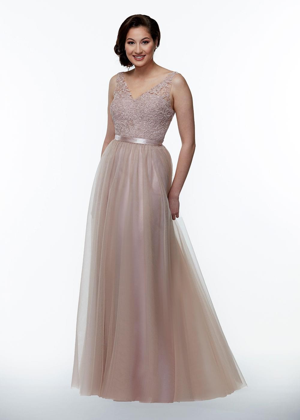 Elegant 80097 A-Line Tulle Bridesmaid Dress with Lace Bodice & Sash - Perfect for Weddings, Prom & Formal Events