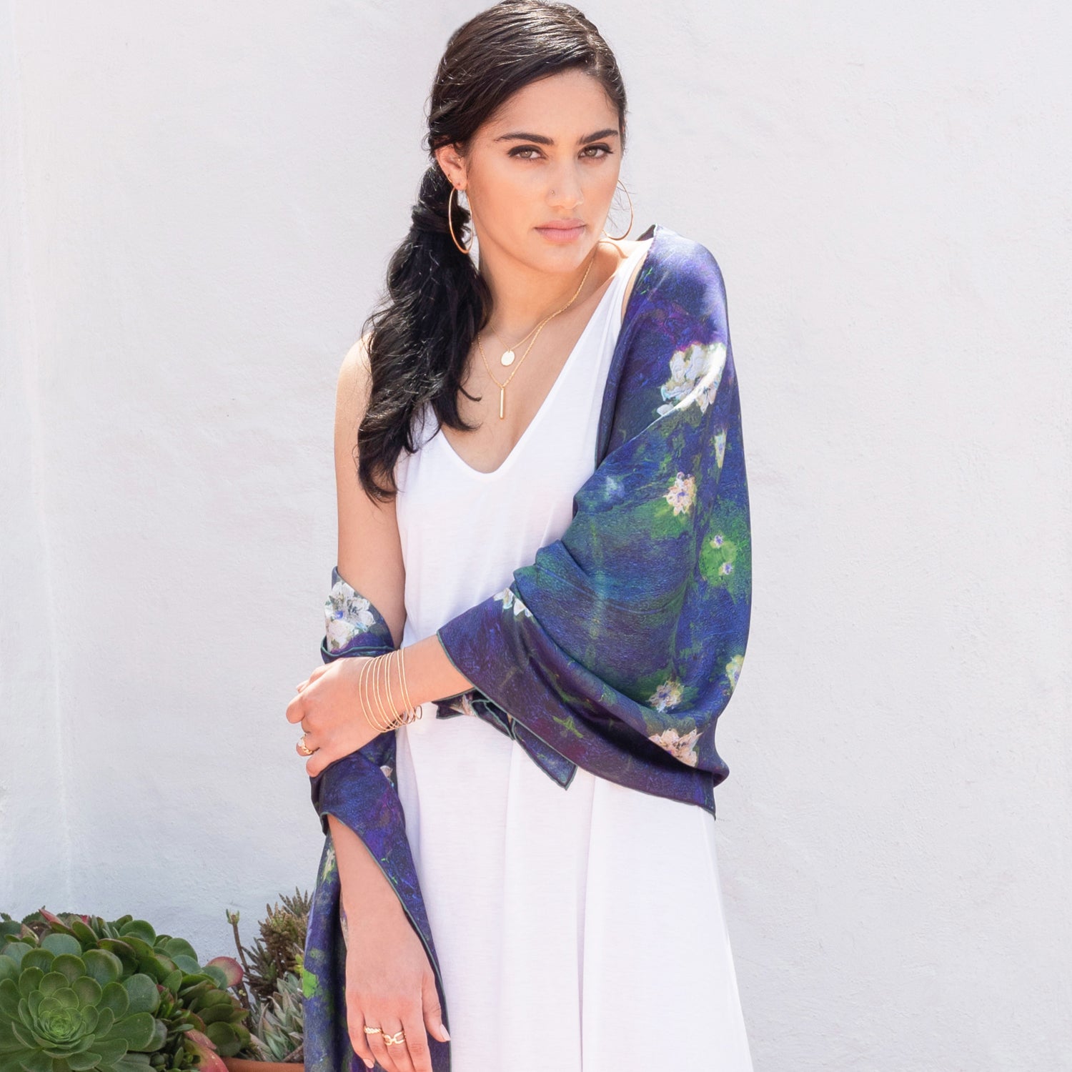Elegant Lily Abstract Print Long Silk Scarf - Lightweight Luxury Fashion Accessory for Women, Perfect for Office, Evening Events & Travel