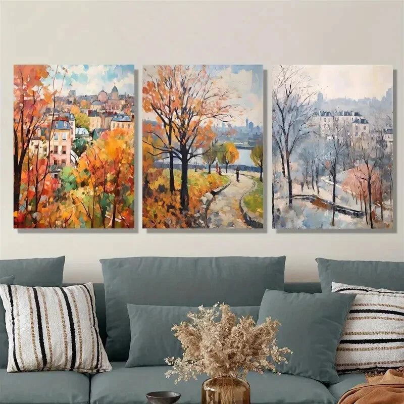 3-Piece Autumn City Park Painting - Kalemegdan Park Metal Wall Art Print, Ready to Hang | Perfect for Living Room, Bedroom & Office Decor