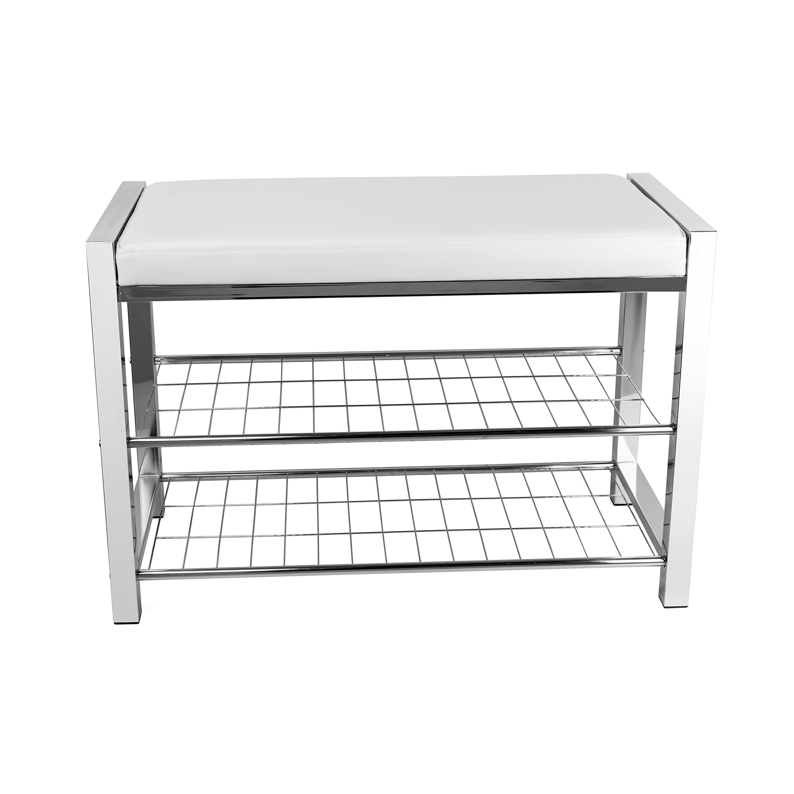Danya B White Leatherette Storage Entryway Bench with Chrome Frame - Modern Hallway Bench with Shoe Storage, Perfect for Entryway, Living Room, Bedroom & Mudroom Organization