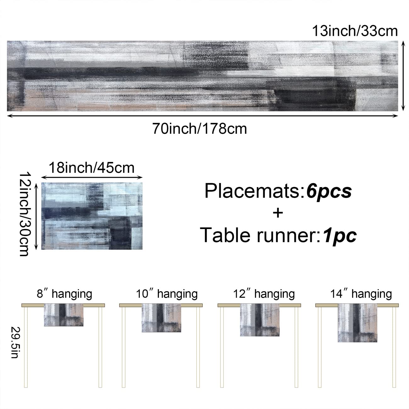 Modern Black & Grey Table Runner and 6-Piece Placemats Set - Abstract Black White Gray Pink Linen Dining Table Mats - Washable Ivory Table Decor (70 Inches Long) - Perfect for Dinner Parties, Weddings & Home Decor