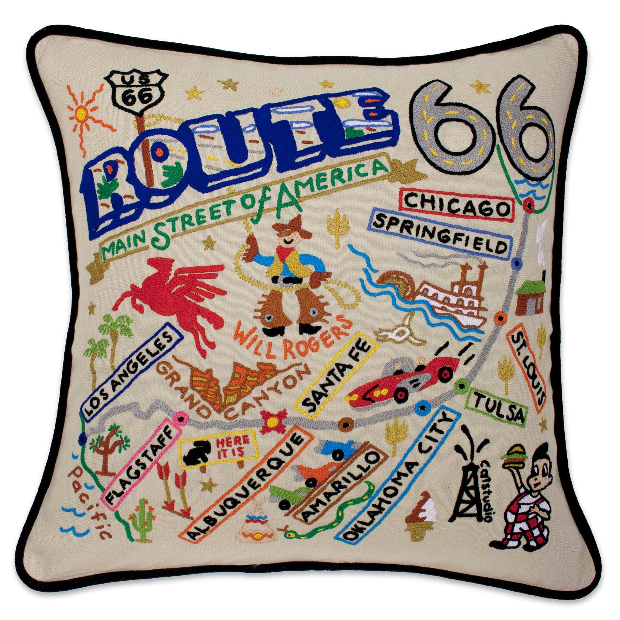 Route 66 Embroidered Decorative Throw Pillow - Vintage Americana Couch Cushion for Living Room, Bedroom & Travel Decor | Catstudio
