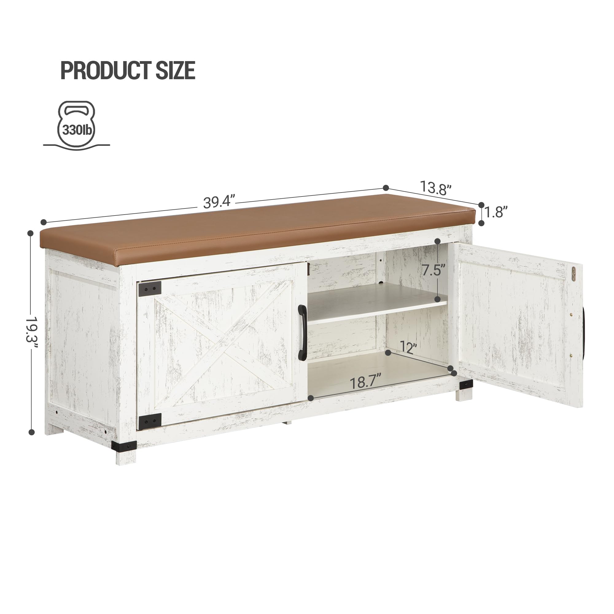 Farmhouse Shoe Storage Bench with Padded Seat - 2-Tier Entryway Organizer with Adjustable Shelf & Barn Doors - Antique White Shoe Cabinet for Living Room, Bedroom, Hallway - Perfect for Small Space Organization & Mudroom Decor