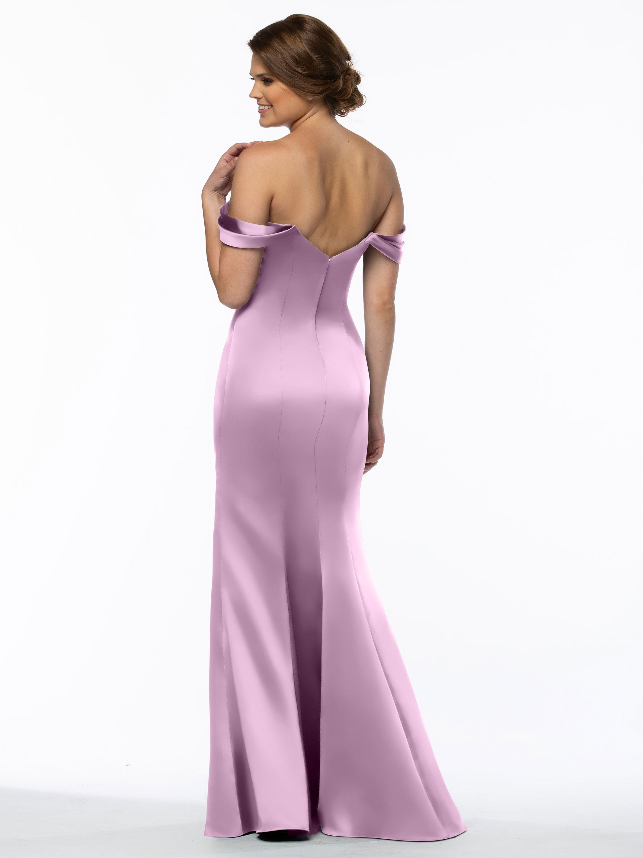 Elegant 80151 Fitted Satin Bridesmaid Dress with Off-The-Shoulder Sleeves - Perfect for Weddings, Formal Events & Special Occasions