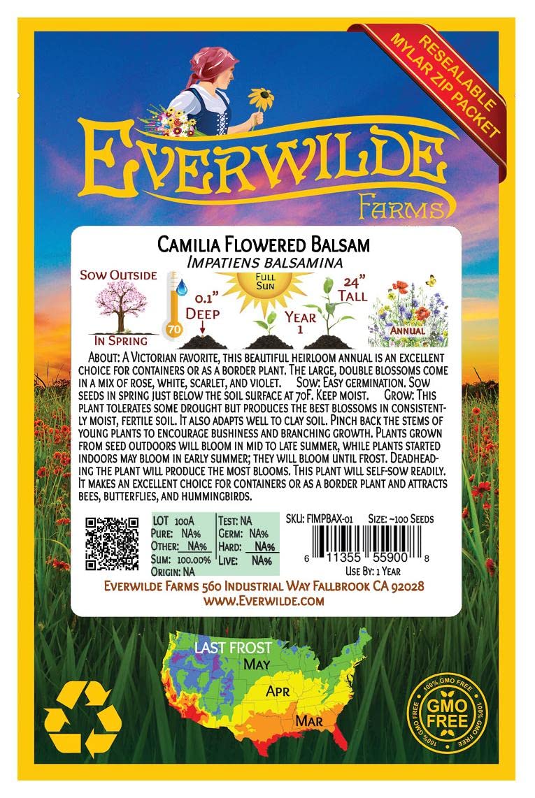 Everwilde Farms - 100 Camellia Flowered Mix Balsam Wildflower Seeds - Gold Vault Jumbo Seed Packet for Garden, Landscaping & Pollinator-Friendly Planting
