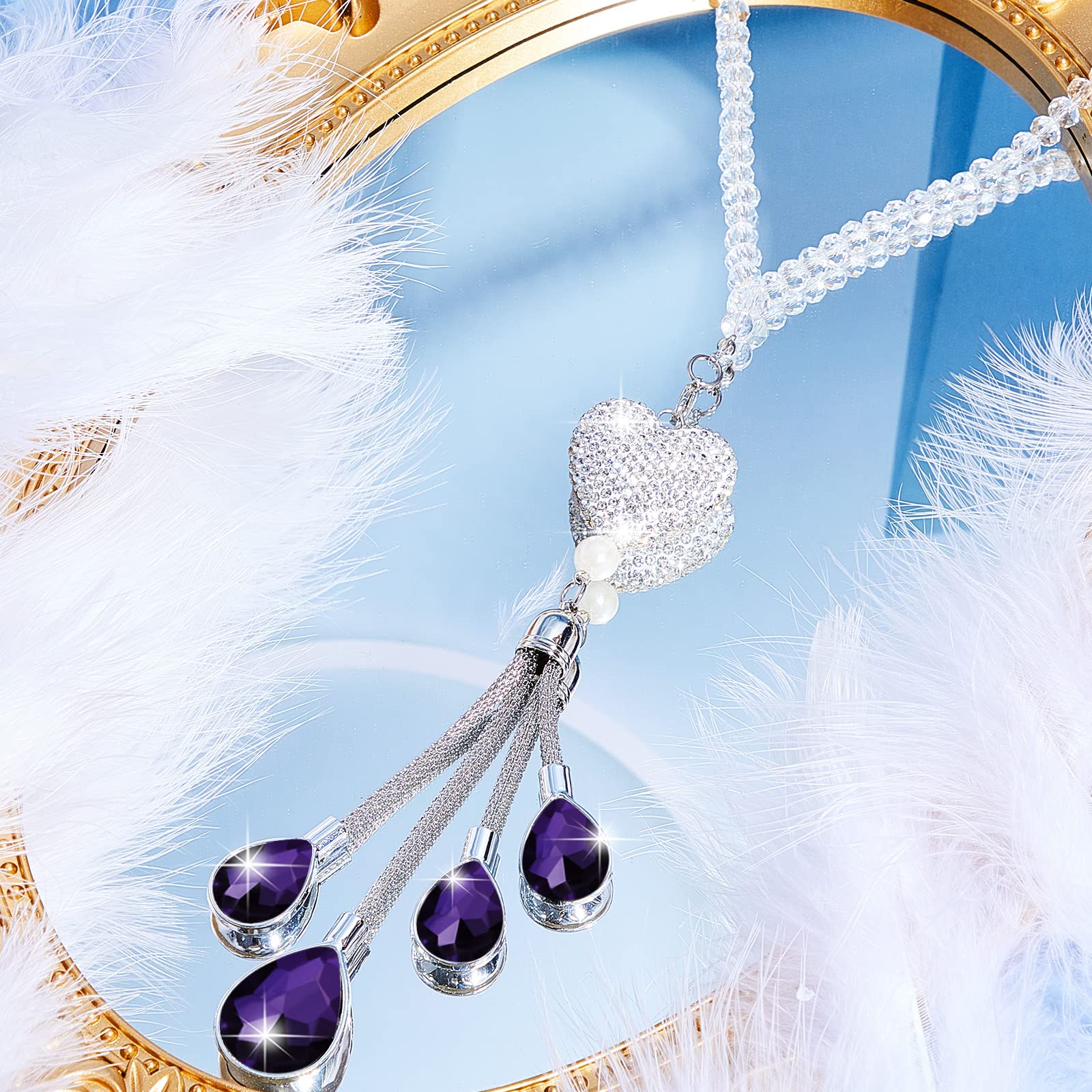 Frienda Bling Heart Diamond Car Charm - Purple Crystal Rear View Mirror Hanging Ornament for Women, 9.8 Inch Car Accessory & Lucky Gift for Female Drivers | Perfect for Birthday, Christmas & Car Decoration