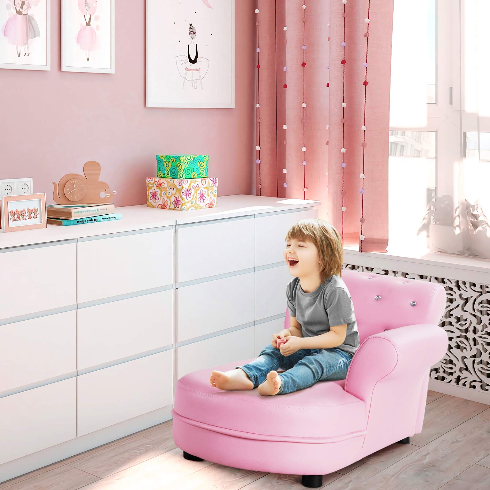 GLACER Pink Princess Toddler Sofa - PVC Leather Kids Couch with Embedded Crystals, Upholstered Chaise Lounge & Armchair for Girls | Perfect for Playrooms, Bedrooms & Birthday Gifts