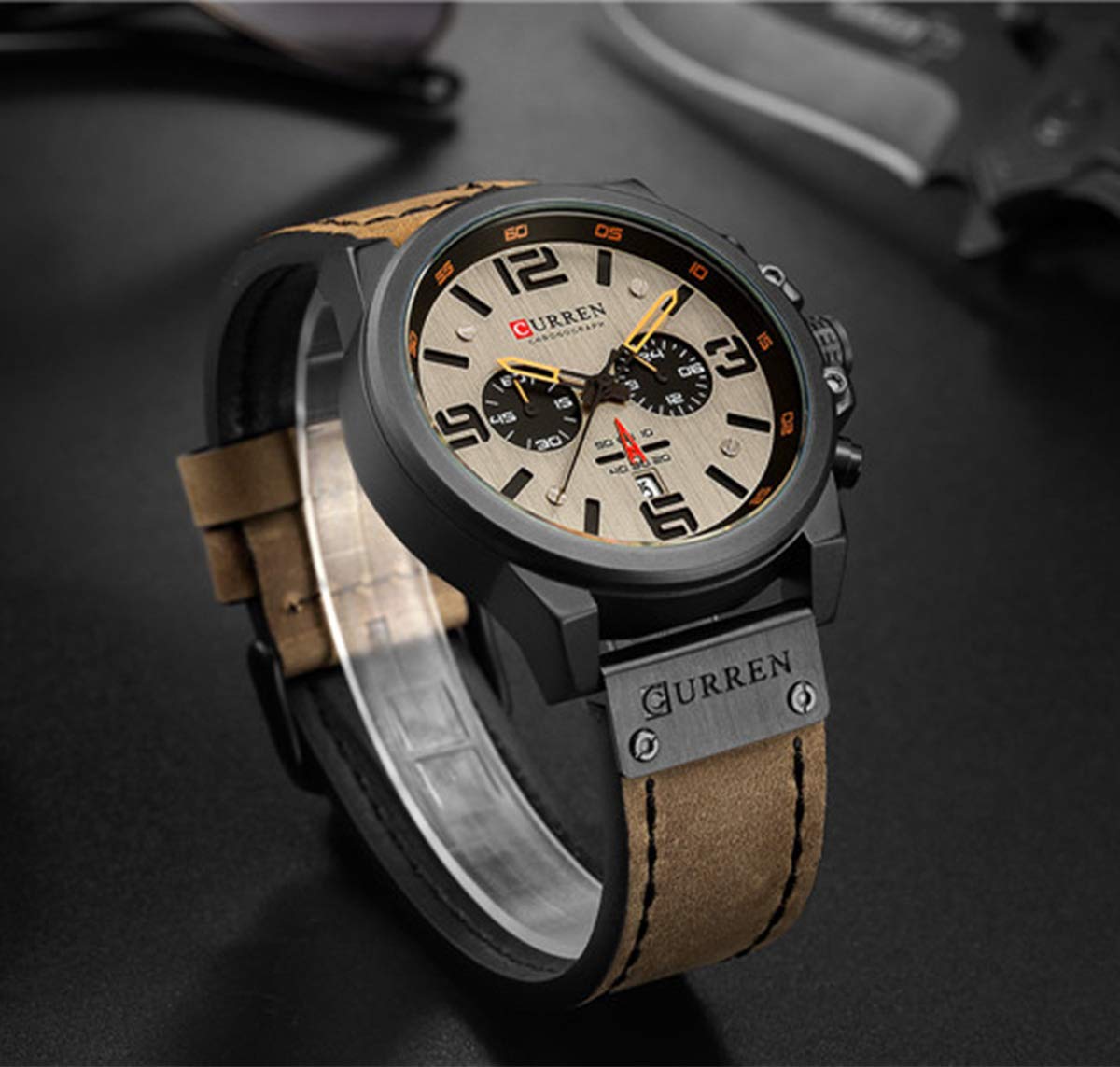 MASTOP Men's Military Chronograph Watch - Waterproof Leather Strap Quartz Watch with Date Display | Perfect for Outdoor Activities, Sports & Casual Wear