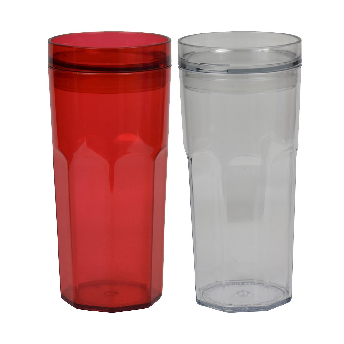 Retro Acrylic Tumbler 17 oz with Push-On Lid - 2 Pack Clear & Red - Insulated Travel Mug for Coffee, Tea, and Cold Drinks - Perfect for Office, Commute, and Outdoor Activities