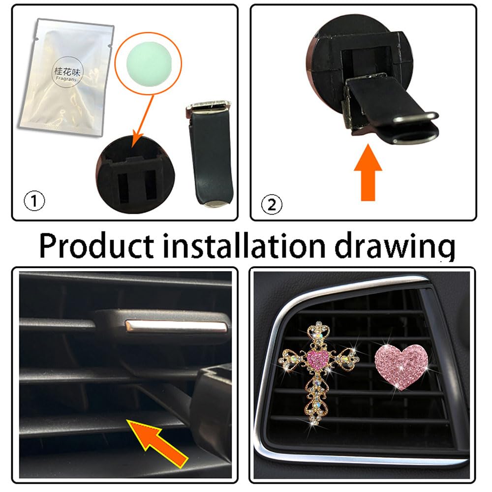 2 Pack Crystal Cross & Heart Car Vent Clip Air Freshener - Bling Diamond Car Accessories for Women, Pink Car Diffuser Vent Clip Decor - Perfect for Daily Commute & Road Trips