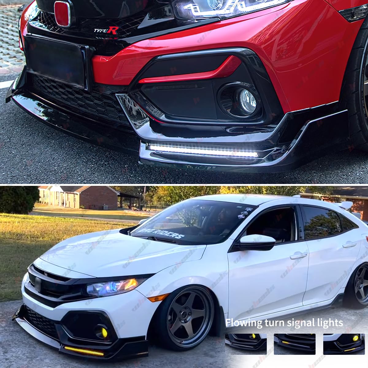 Glossy Black Front Bumper Lip with LED Daytime Running Lights - Compatible with 2016-2021 Honda Civic Hatchback & Si | Air Dam Spoiler Splitter for Enhanced Style & Visibility | Perfect for Street Racing & Car Customization