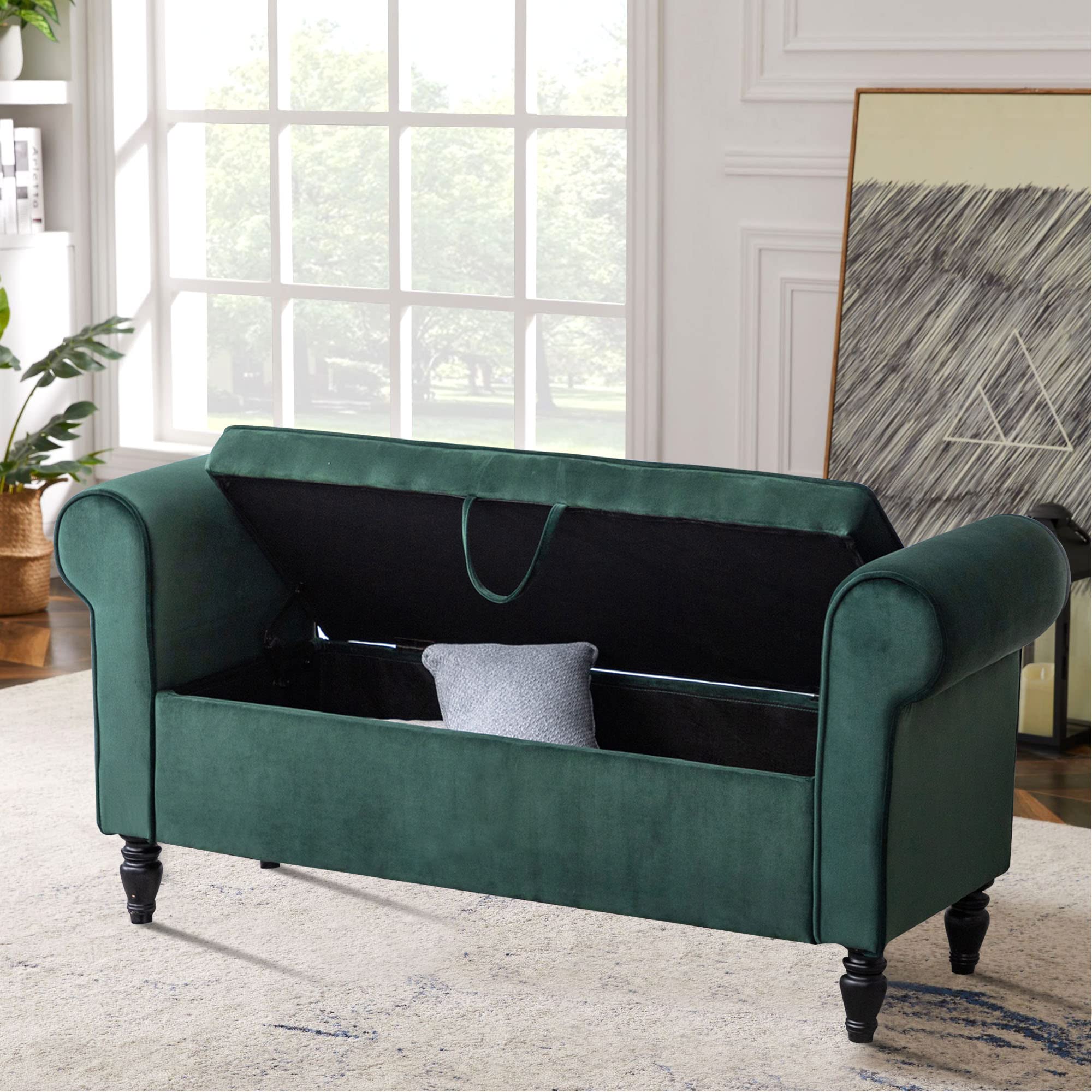 Alunaune Velvet Upholstered Storage Bench - Modern Rolled Arm Ottoman for Bedroom, Living Room & Entryway - Green | Bed Seat, Couch End Bench, Settee with Hidden Storage Compartment | Perfect for Small Spaces, Home Decor & Extra Seating