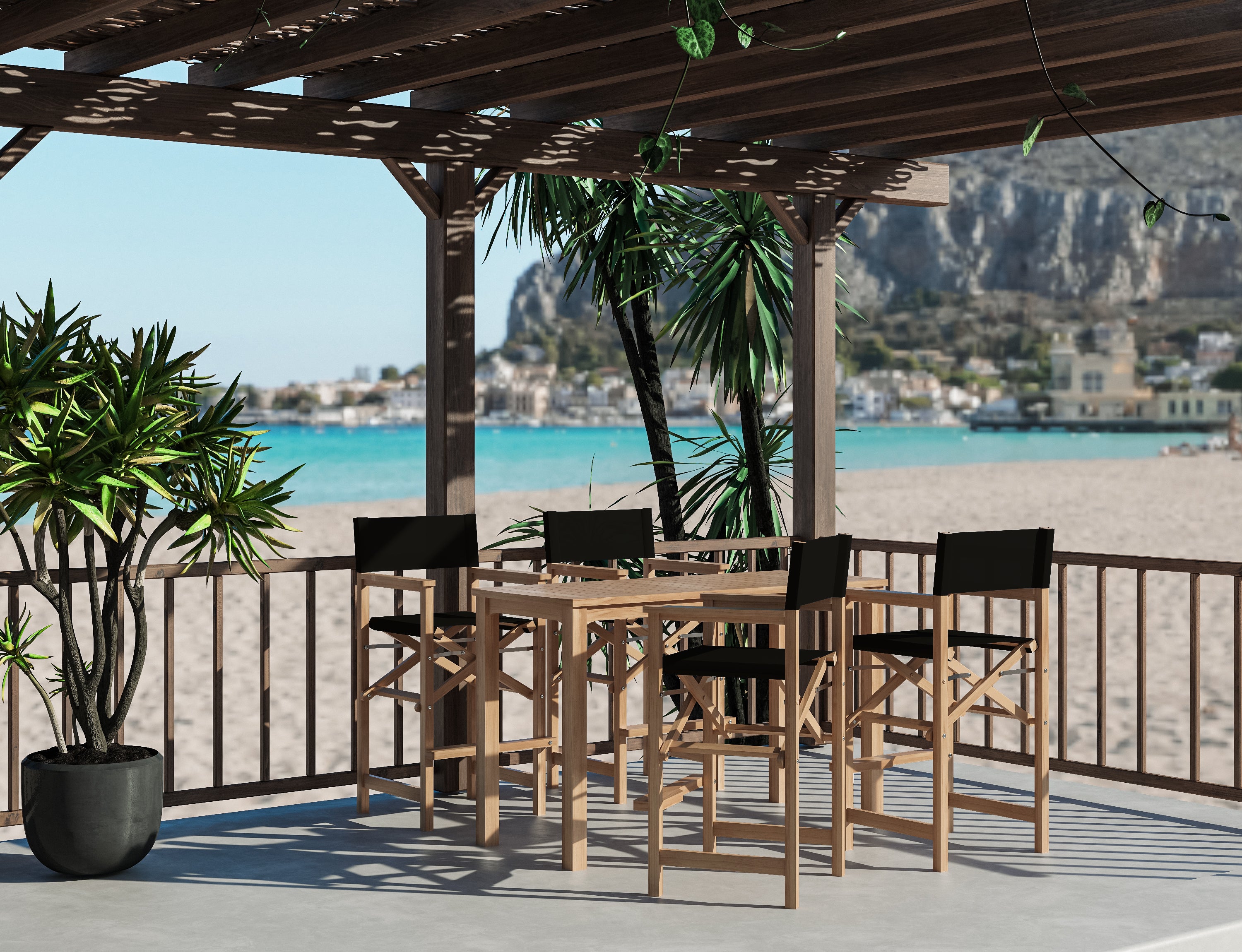 5-Piece Black Teak Outdoor Counter Height Dining Set with Folding Armchairs - Rectangular Patio Table & Chairs for Backyard, Garden, Poolside & Outdoor Entertaining
