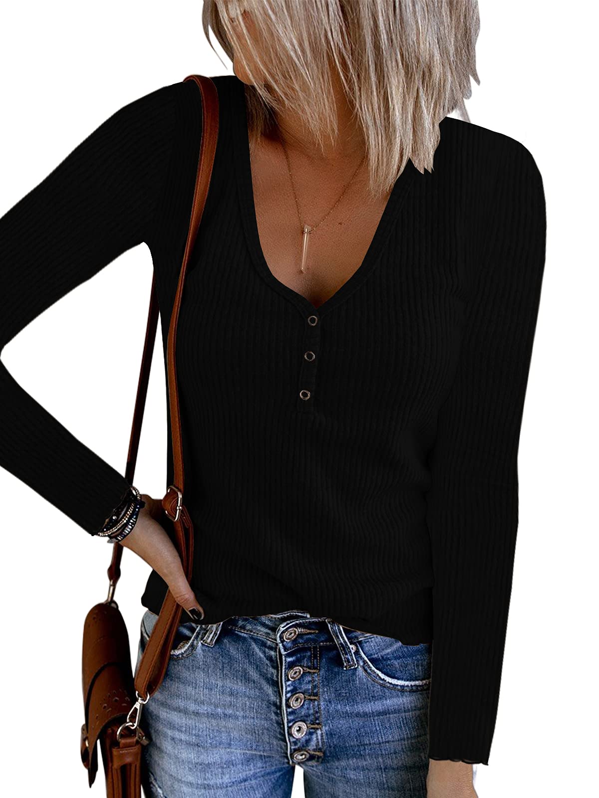 Saodimallsu Women's Long Sleeve Henley Shirt - V Neck Button Down Casual Plain T-Shirt Blouse Tee for Work, Date Night & Everyday Wear
