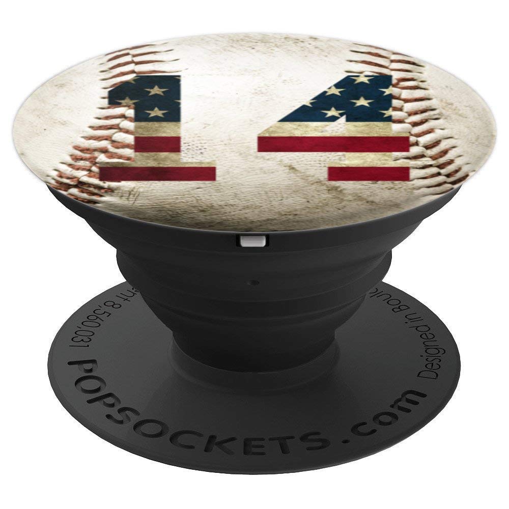 Baseball Number 14 with American Flag Phone Stand - Swappable PopSockets PopGrip for iPhone, Samsung & Tablets | Perfect for Baseball Fans, Patriotic Decor & Phone Protection