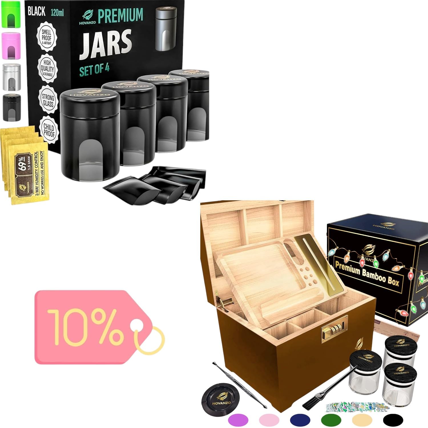 Large Bamboo Storage Box with Airtight Glass Jars & Combination Lock - Decorative Wooden Locking Box with Rolling Tray for Home Organization | Perfect for Kitchen Pantry, Bathroom Essentials & Jewelry Storage
