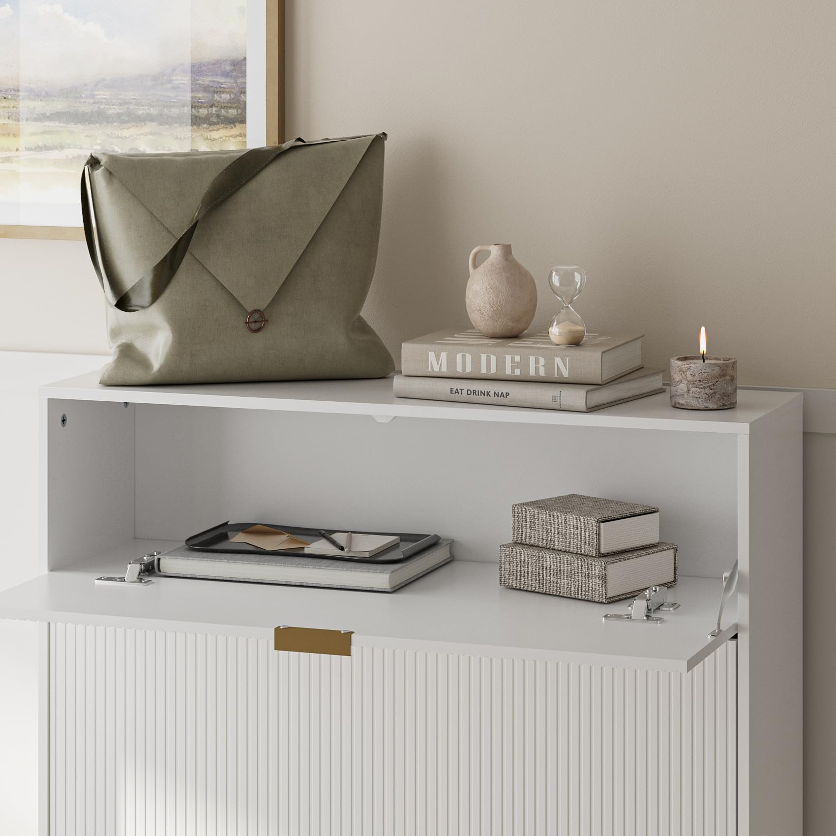 White Vertical Shoe Storage Cabinet with 2 Flip Drawers - Freestanding Narrow Shoe Rack Organizer for Entryway, Hallway & Closet - Space Saving Shoe Cabinet for Home Organization