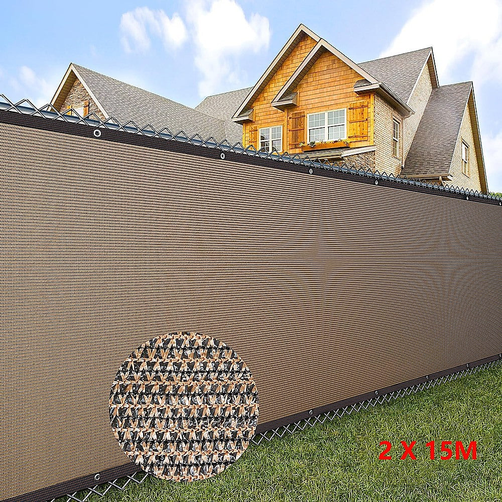 15m x 2m Premium Fence Windscreen Privacy Screen - Durable Coffee Fabric Mesh Shade Cover for Garden, Patio, and Outdoor Privacy Protection - Perfect for Backyard, Poolside, and Sports Court Enclosures