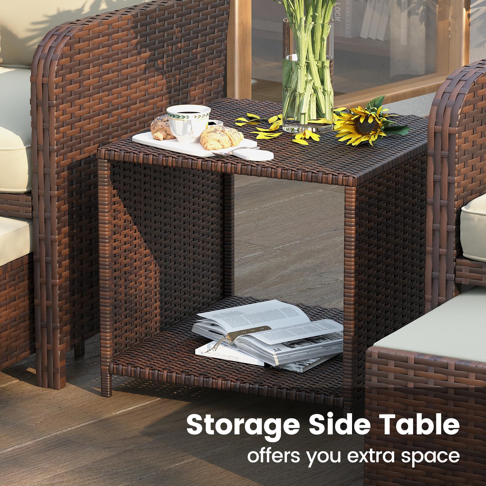 UDPATIO 5-Piece Wicker Patio Furniture Set with Hidden Ottoman - Outdoor Conversation Chairs & Side Table for Balcony, Porch, Deck, Garden - Perfect for Relaxing & Entertaining Guests