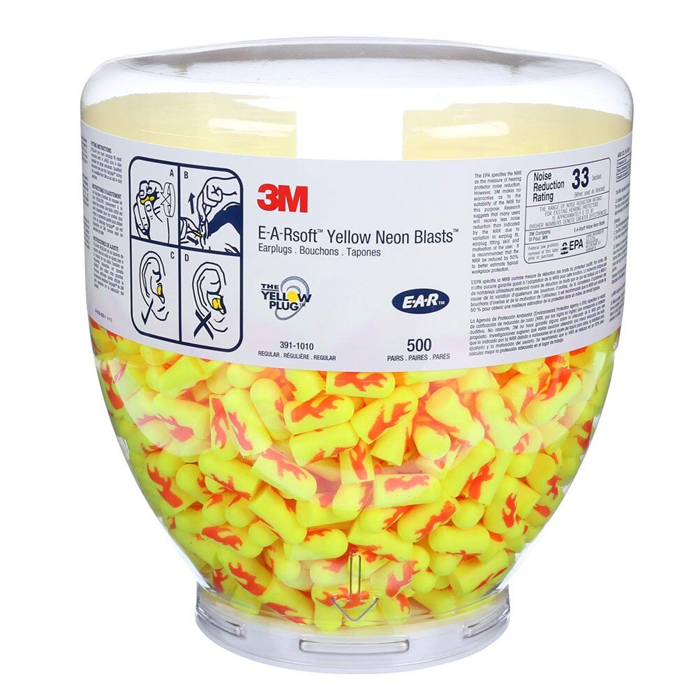 3M 391 1010 E A Rsoft Yellow Neon Blast Earplugs - NRR 33 dB Noise Reduction, One Touch Dispenser Refill (500 Count) - Ideal for Construction, Concerts & Industrial Work Protection