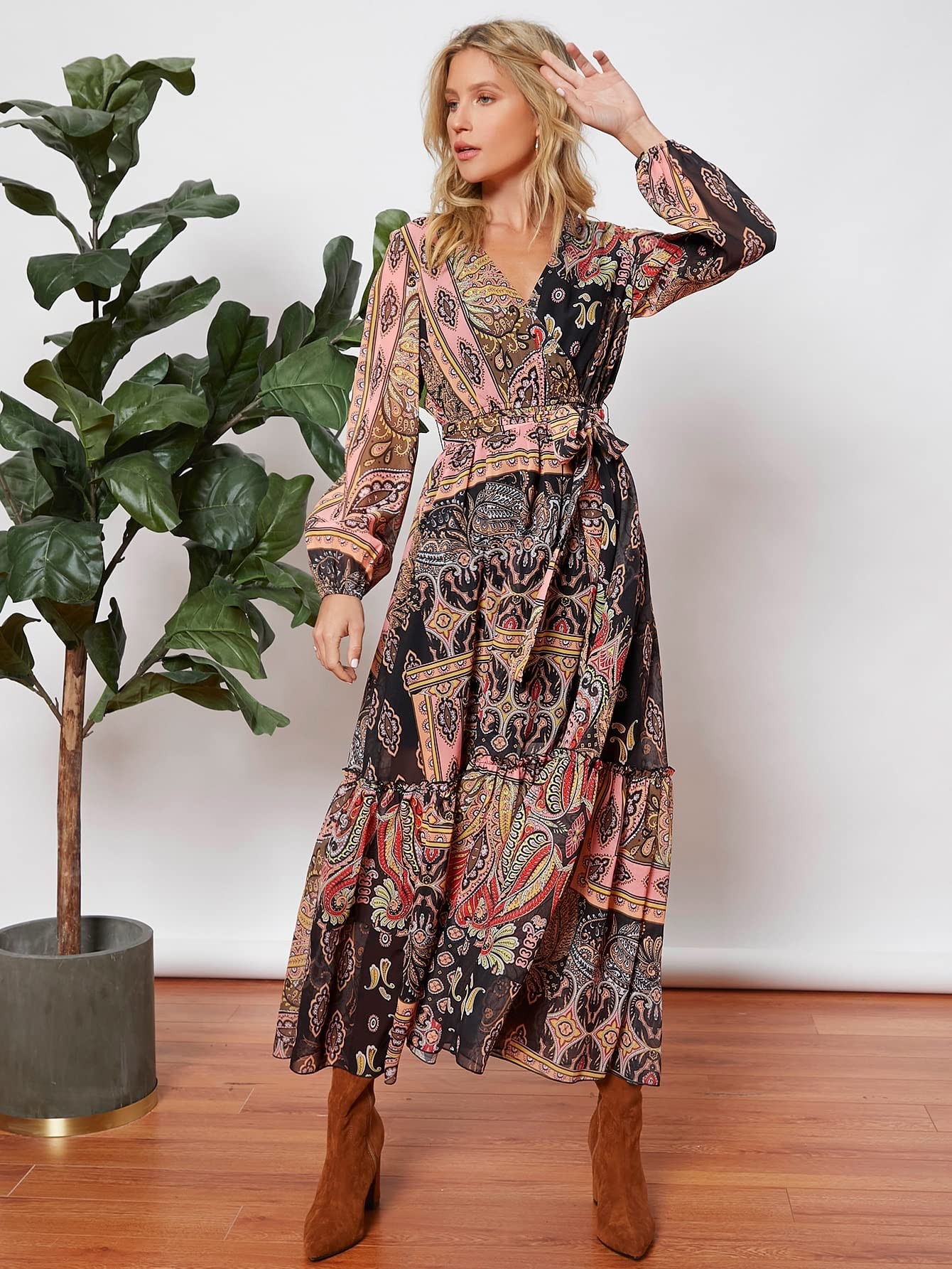 Women's Summer Floral Print Lantern Sleeve Midi Dress with Belt - Elegant Long Sleeve Party Dress for Club, Wedding, Beach Vacation & Special Occasions