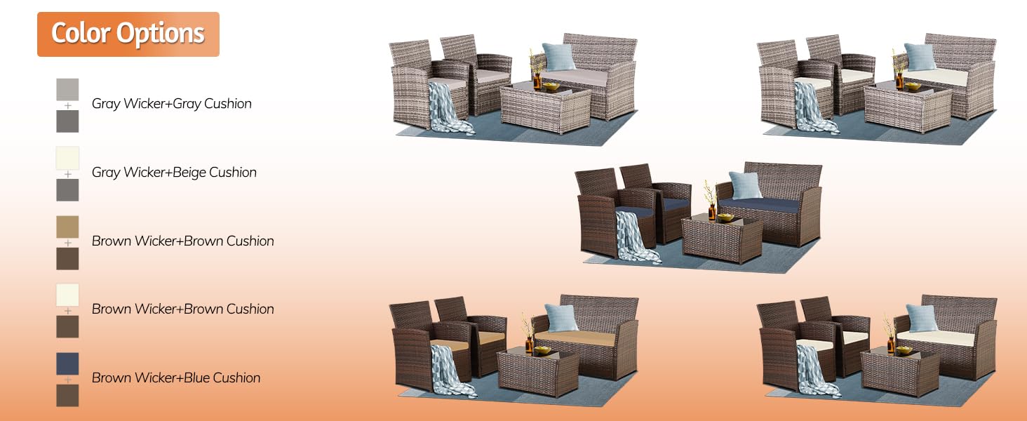 4-Piece Outdoor Patio Furniture Set - Wicker Rattan Sectional Sofa with Coffee Table & Cushions - Gray/Blue Conversation Set for Backyard, Porch, Garden, Poolside - Perfect for Relaxing & Entertaining Outdoors