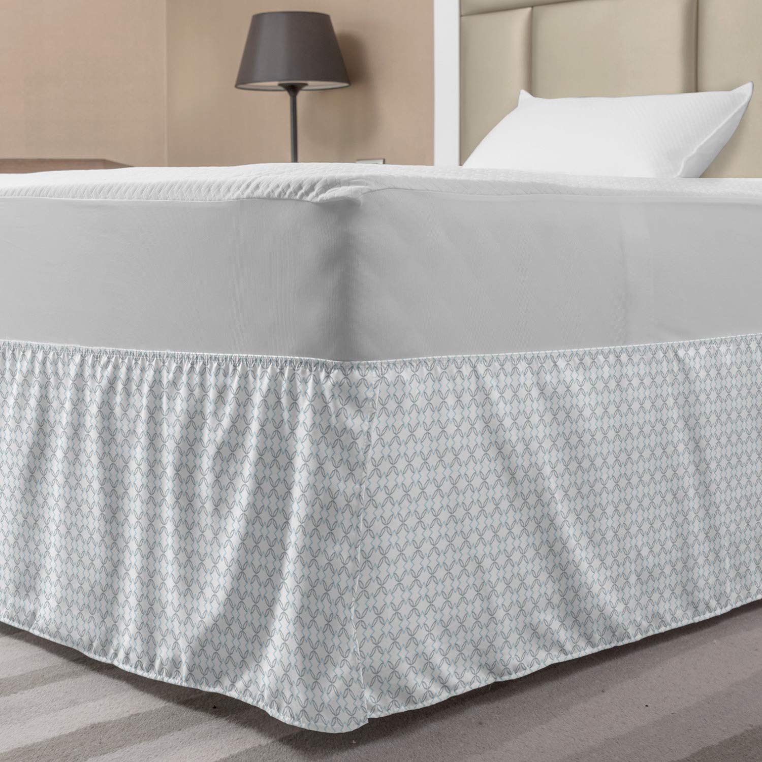 Ambesonne Minimalist Bed Skirt - Modern Damask Pattern with Elastic Wrap Around Design, Twin/Twin XL Size in White & Pale Blue | Perfect for Bedroom Decor, Guest Rooms & Airbnb Styling