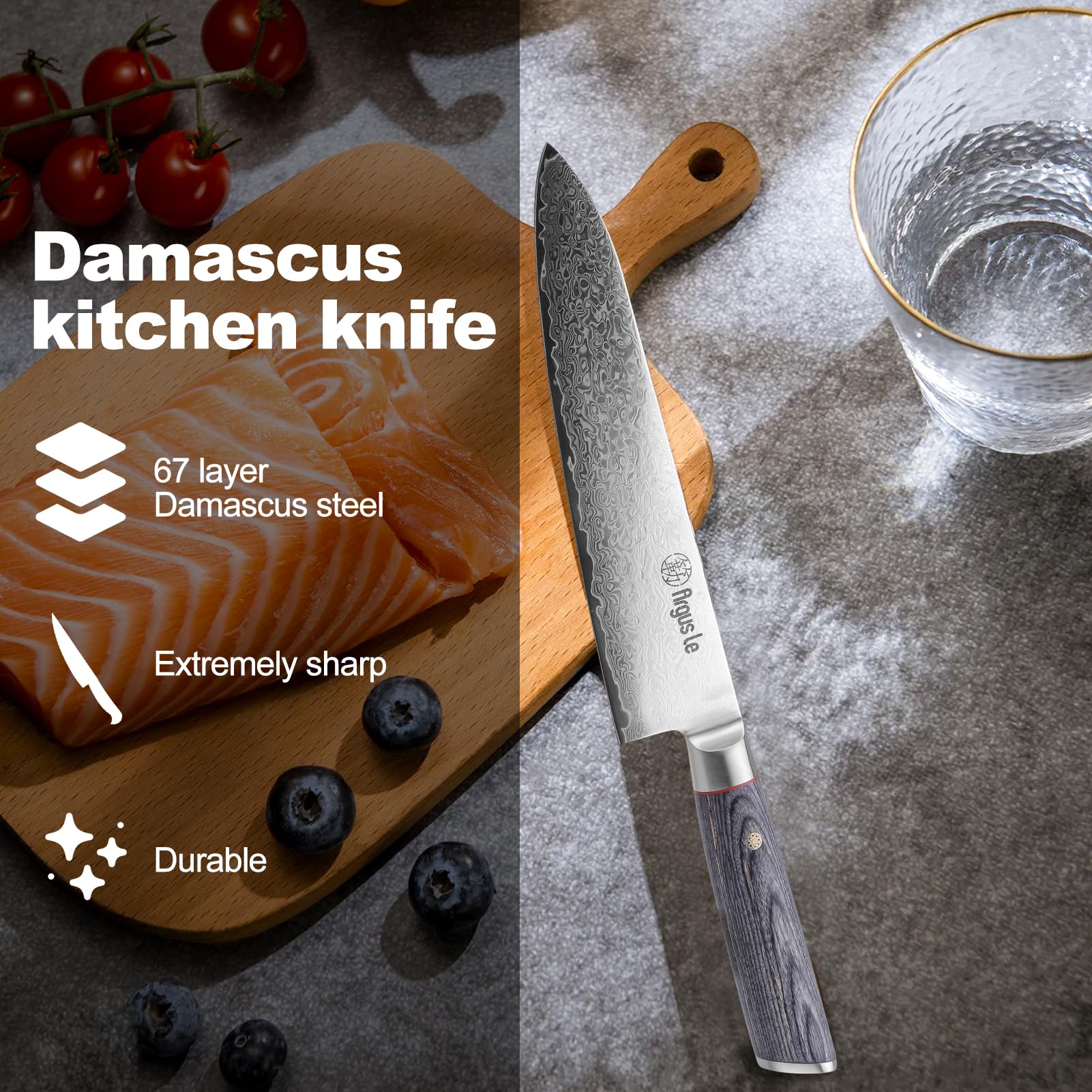 Premium 8 Inch Damascus Chef Knife - Japanese VG-10 Stainless Steel Kitchen Knife with Razor Sharp Edge - Perfect for Slicing Meat, Chopping Vegetables - Ideal for Home Cooking & Professional Restaurants - Includes Grey Handle & Elegant Gift Box - Great for Wedding Gifts & Culinary Enthusiasts