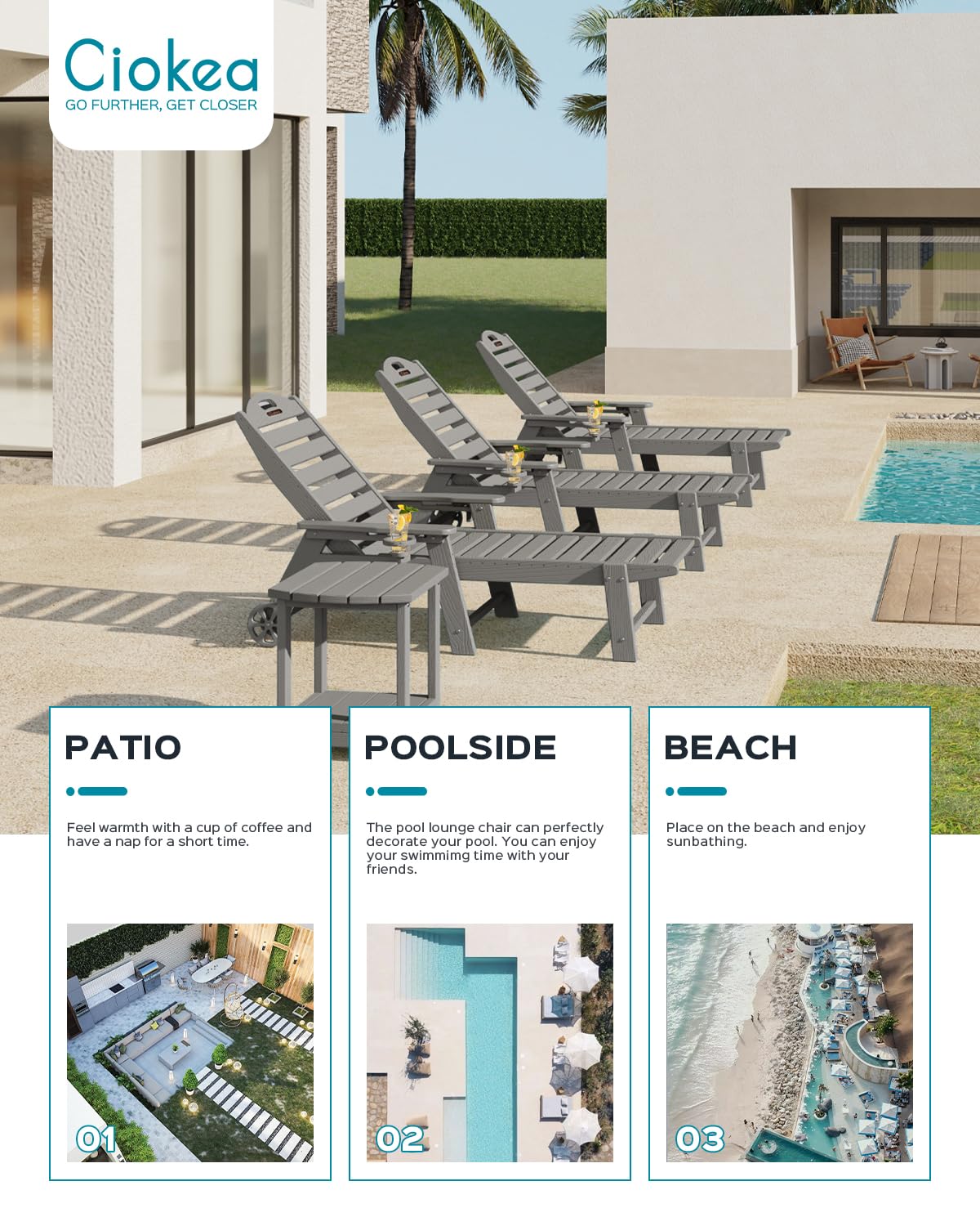 Adjustable 5-Position Outdoor Chaise Lounge Chair with Wheels & Double Cup Holders - Wood Texture Patio Poolside Lounger for Backyard, Deck, Beach - Grey | Perfect for Sunbathing, Relaxing by the Pool or Garden