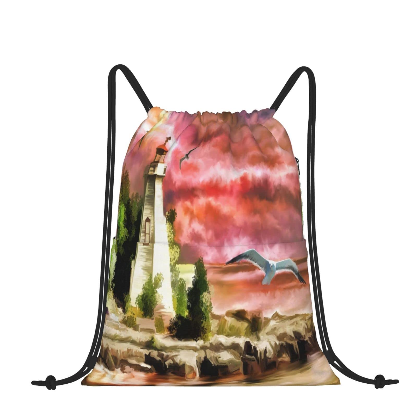 Drawstring Backpack with Lighthouse & Seagulls Watercolor Design - Large Capacity Cinch Sack for Women, Men, Students - Perfect for Sports, Gym, Travel & Outdoor Adventures