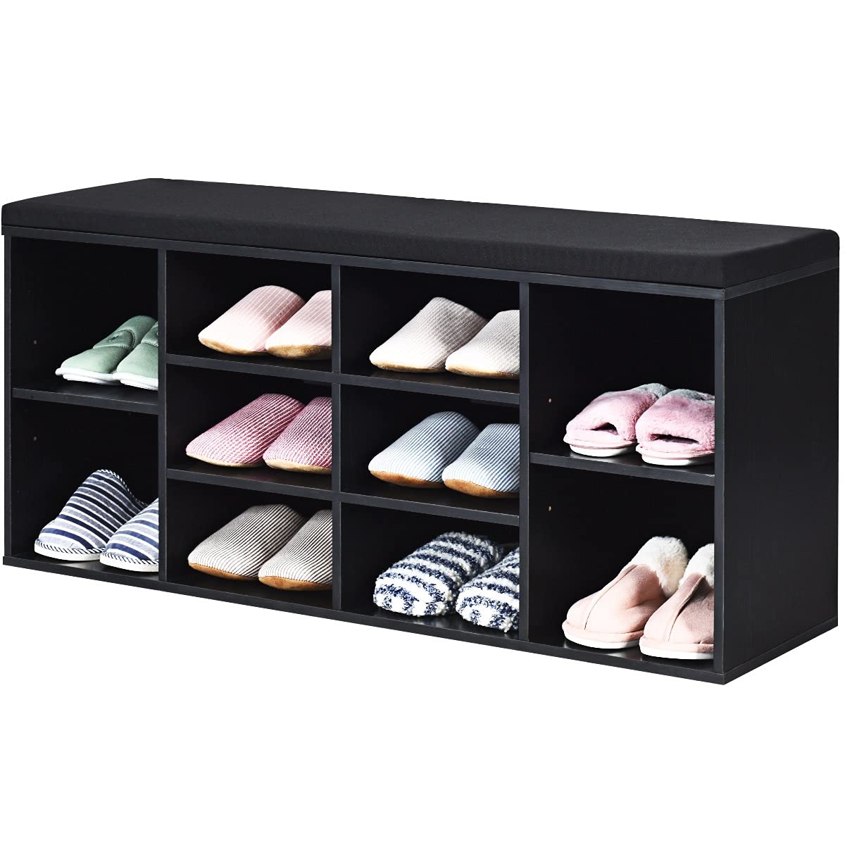 Shoe Storage Bench with Seat Cushion - 10-Cubby Wooden Entryway Organizer with Adjustable Shelves, 440 lb Capacity - Perfect for Mudroom, Hallway, Living Room & Entryway Organization