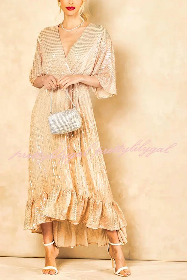Elegant Solid Color Sequined V-Neck Waist Tie Loose Maxi Dress for Women - Perfect for Evening Parties, Weddings & Special Occasions