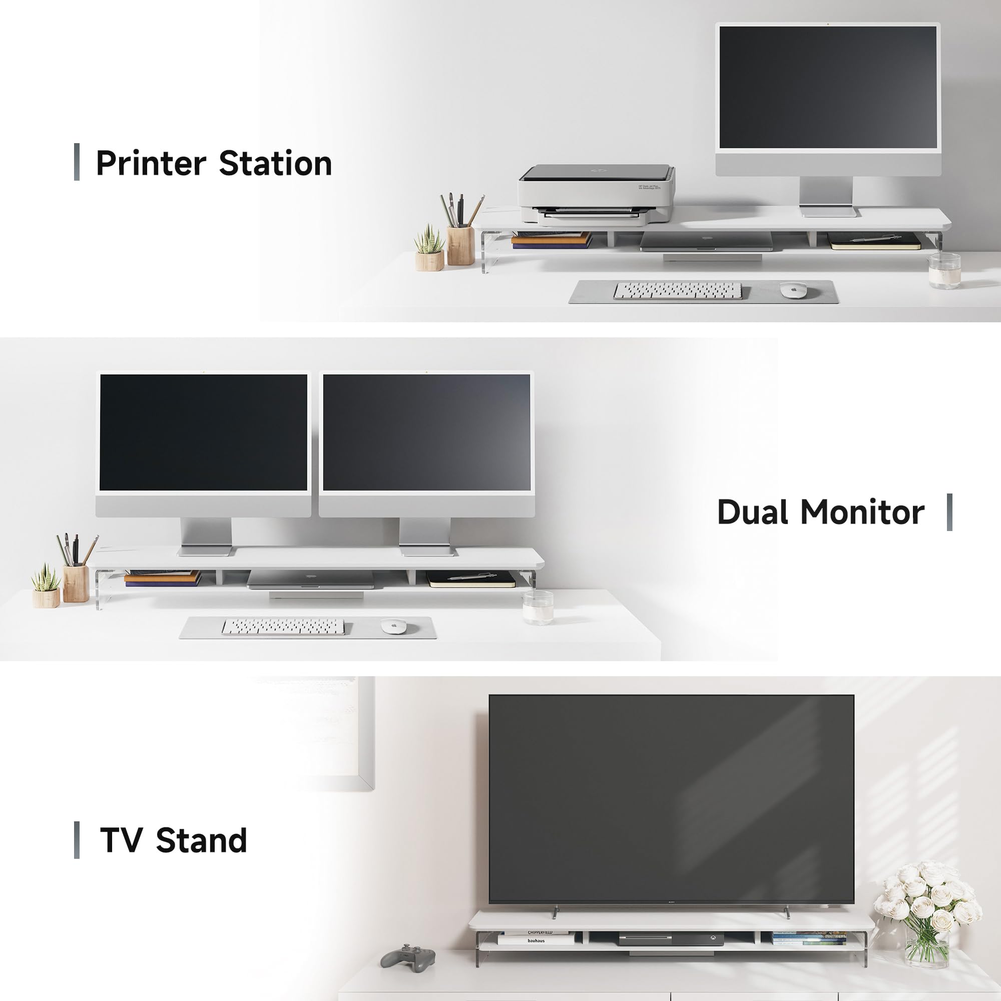 FENGE 42.5 Inch 2-Tier Acrylic Dual Monitor Stand Riser with Storage Organizer - White | Ergonomic Computer Desk Organizer for Home Office, Gaming Setup & Workspace | Fits Laptop, PC, TV & Multiple Screens