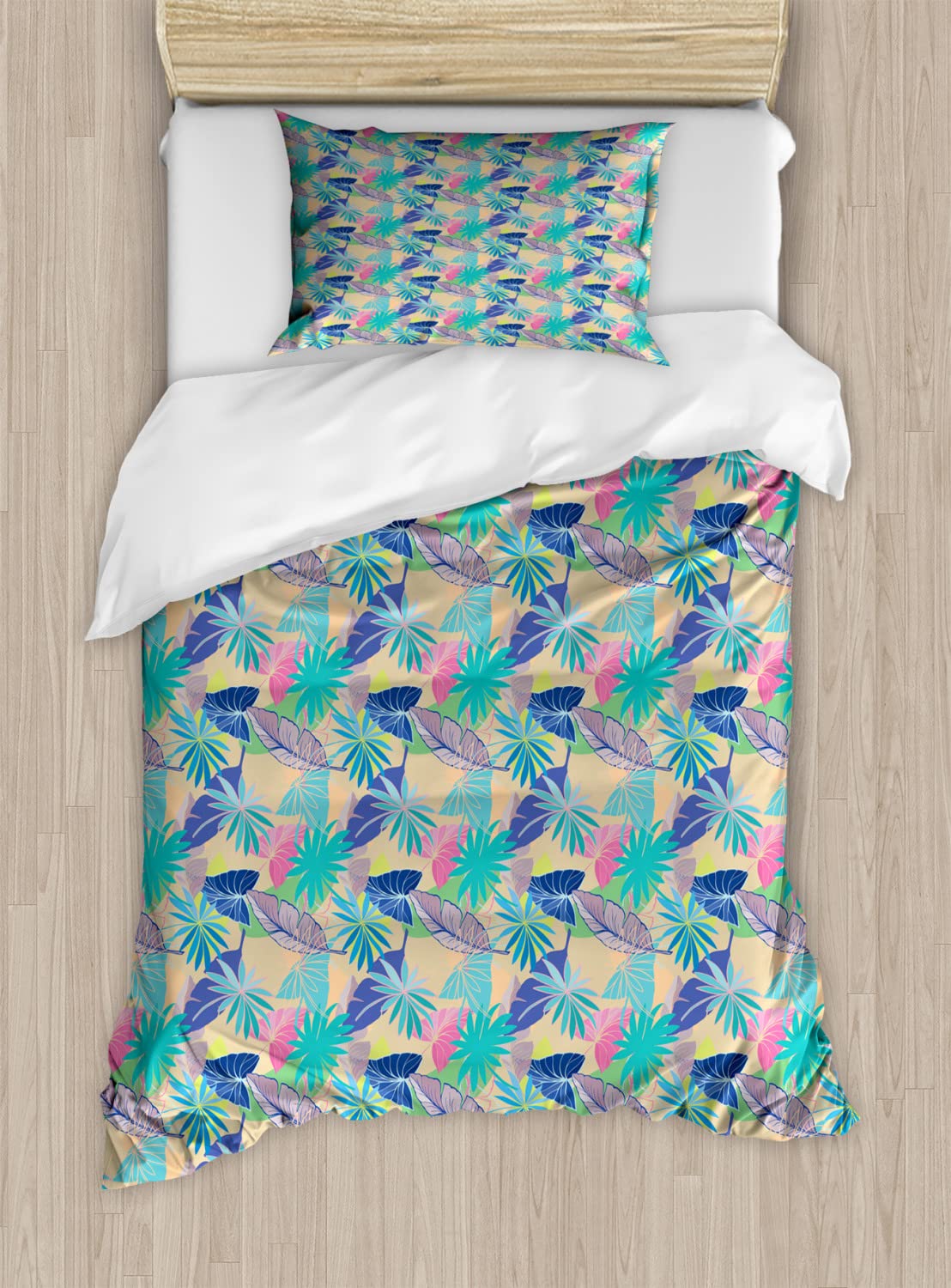 Ambesonne Tropical Duvet Cover Set - Exotic Hawaiian Floral Print with Vibrant Leaves, Queen Size 2-Piece Bedding Set (2 Duvet Covers & 4 Pillowcases) for Summer Bedroom Decor | Perfect for Beach House, Vacation Rental & Tropical Themed Rooms