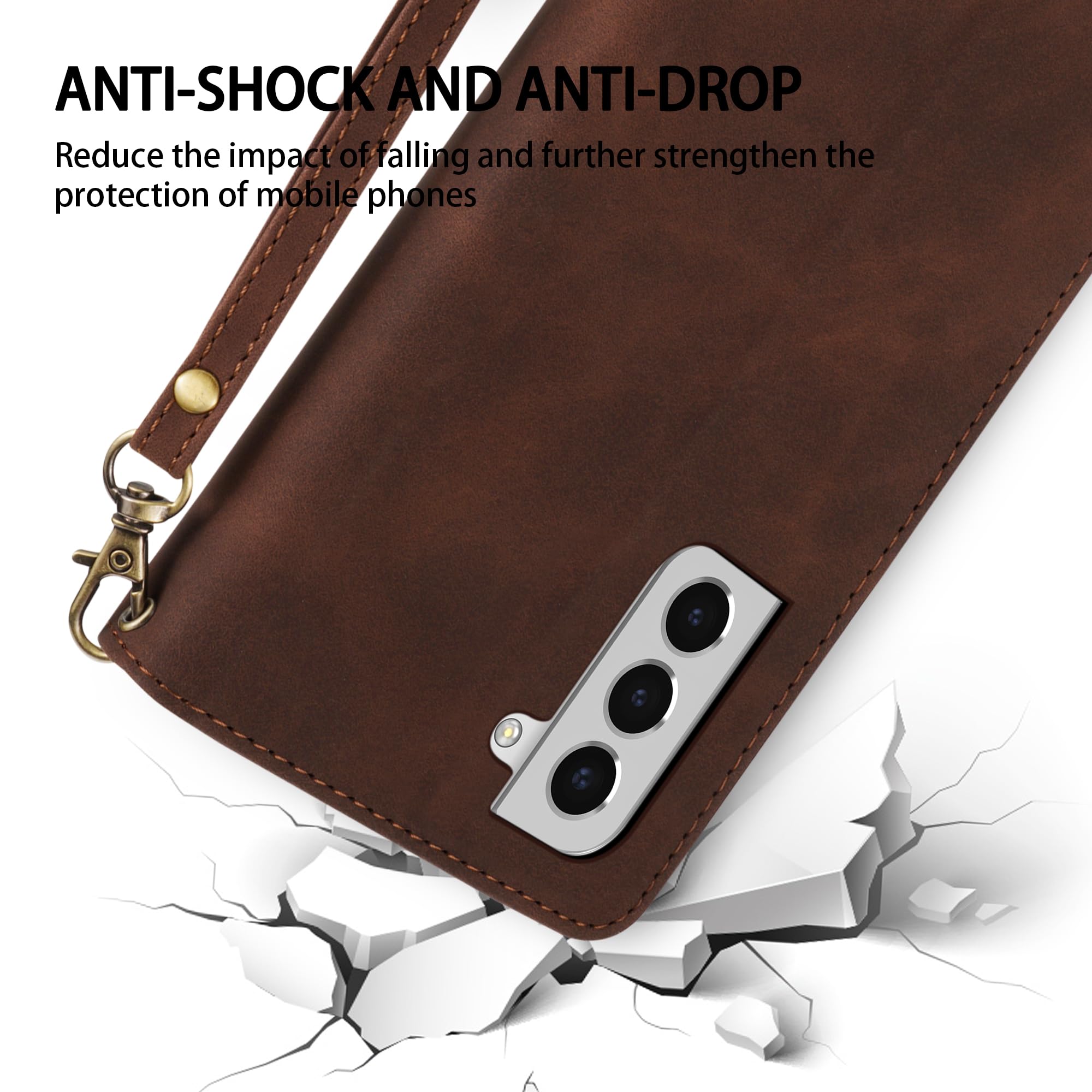 Premium Soft PU Leather Zipper Flip Wallet Case for Samsung Galaxy S22 Plus (6.6 Inch) with Card Slot, Wrist Strap & Kickstand - Coffee | Protective Cover for Daily Use, Travel & Business Meetings